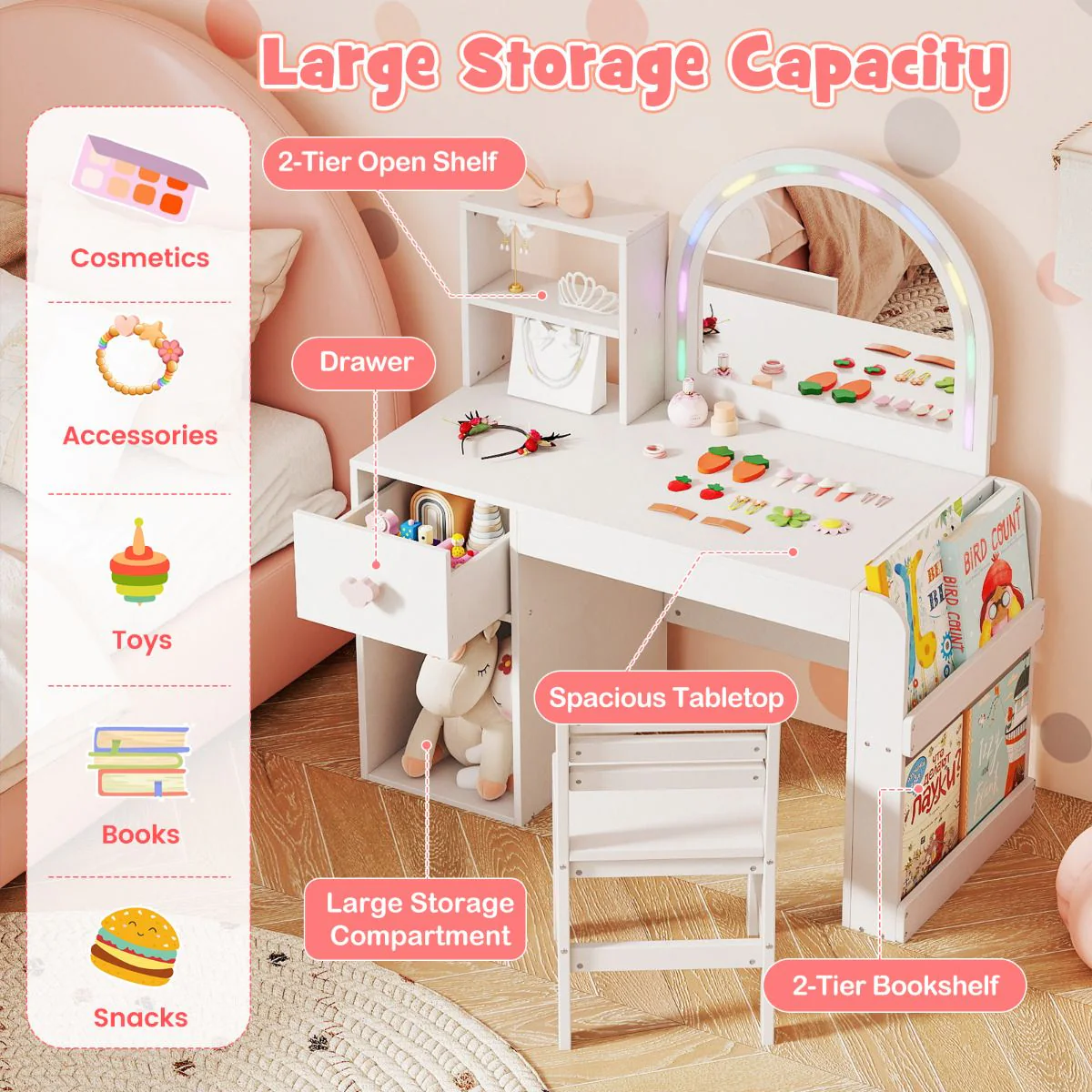 Kids Vanity Desk with Lights Princess Makeup Table with Lighted Mirror - Image 5
