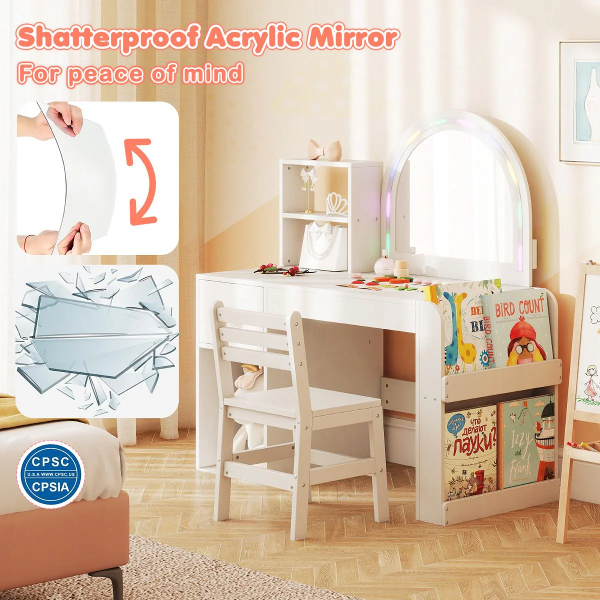 Kids Vanity Desk with Lights Princess Makeup Table with Lighted Mirror - Image 6