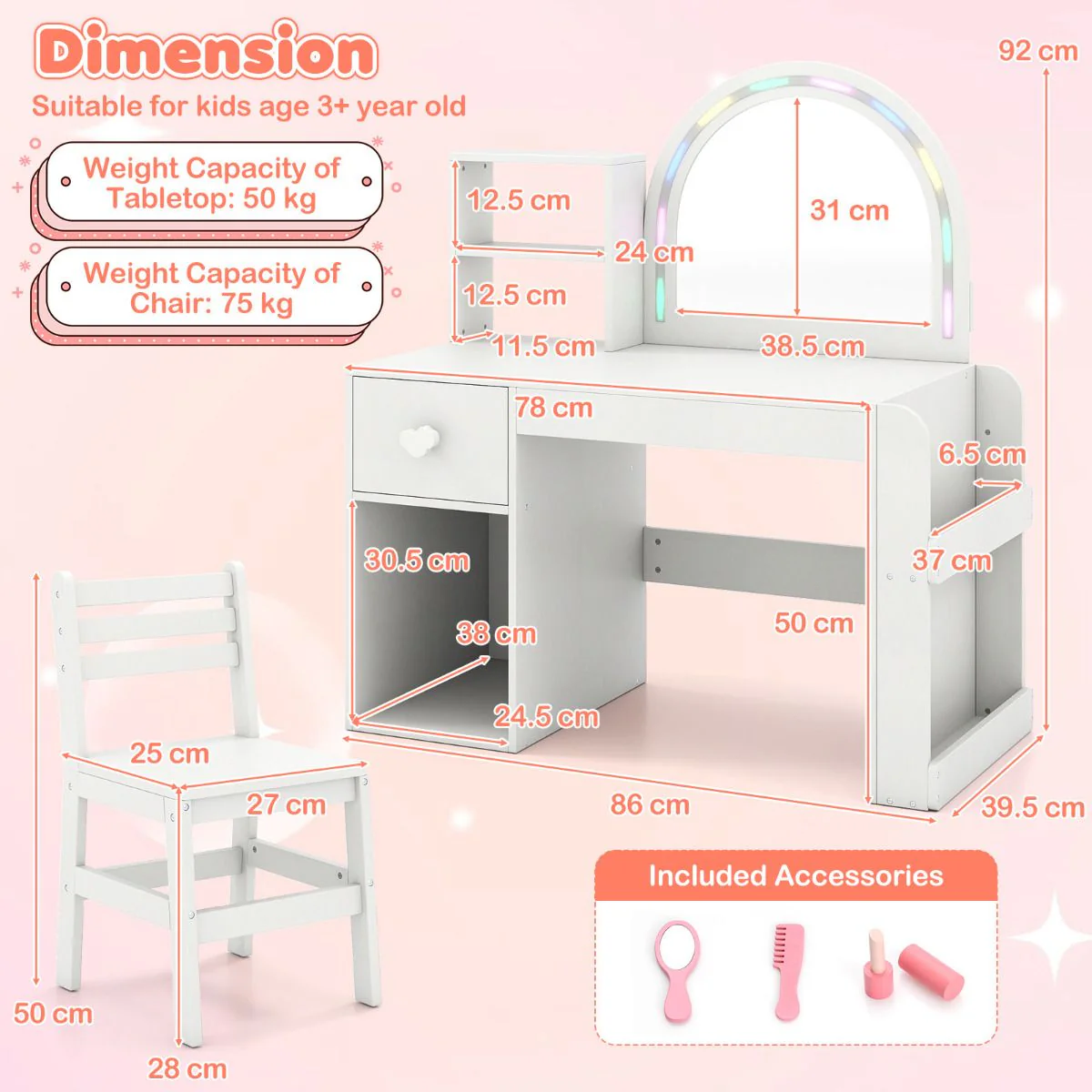 Kids Vanity Desk with Lights Princess Makeup Table with Lighted Mirror - Image 7
