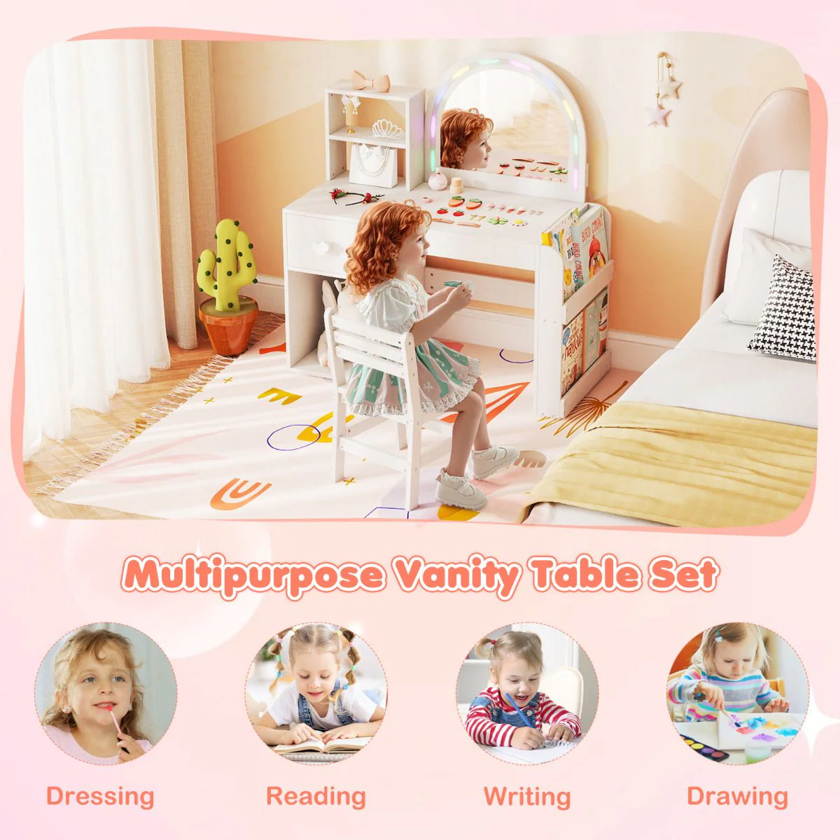 Kids Vanity Desk with Lights Princess Makeup Table with Lighted Mirror - Image 8