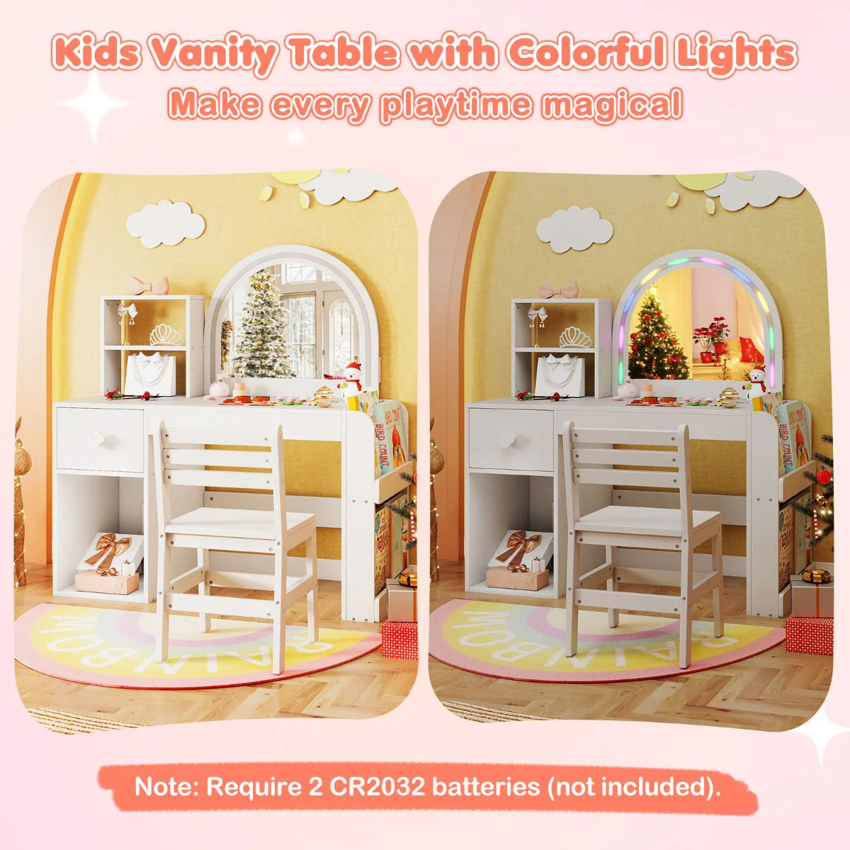 Kids Vanity Desk with Lights Princess Makeup Table with Lighted Mirror - Image 9