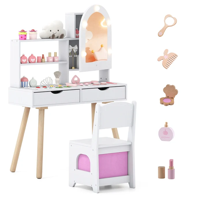 Kids Vanity Set, Pretend Play Dressing Table Set w/3-Color Lighting Modes - Image 10