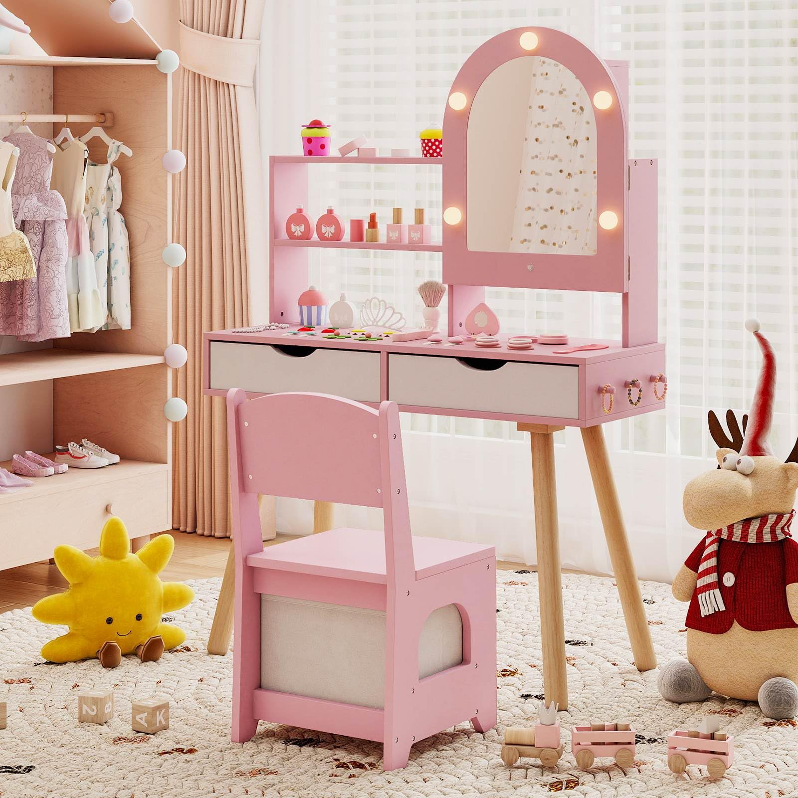 Kids Vanity Set, Pretend Play Dressing Table Set w/3-Color Lighting Modes - Image 2