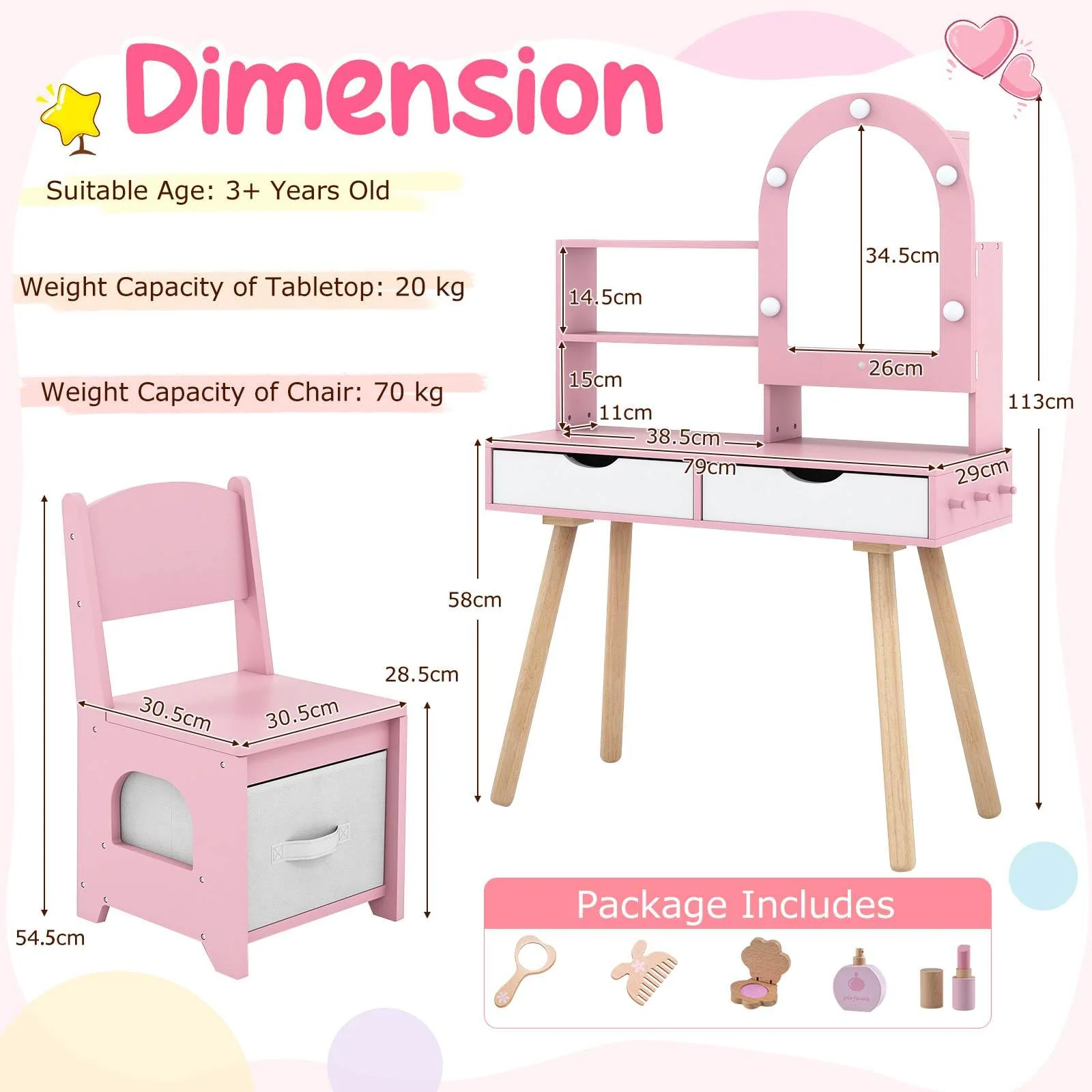 Kids Vanity Set, Pretend Play Dressing Table Set w/3-Color Lighting Modes - Image 3