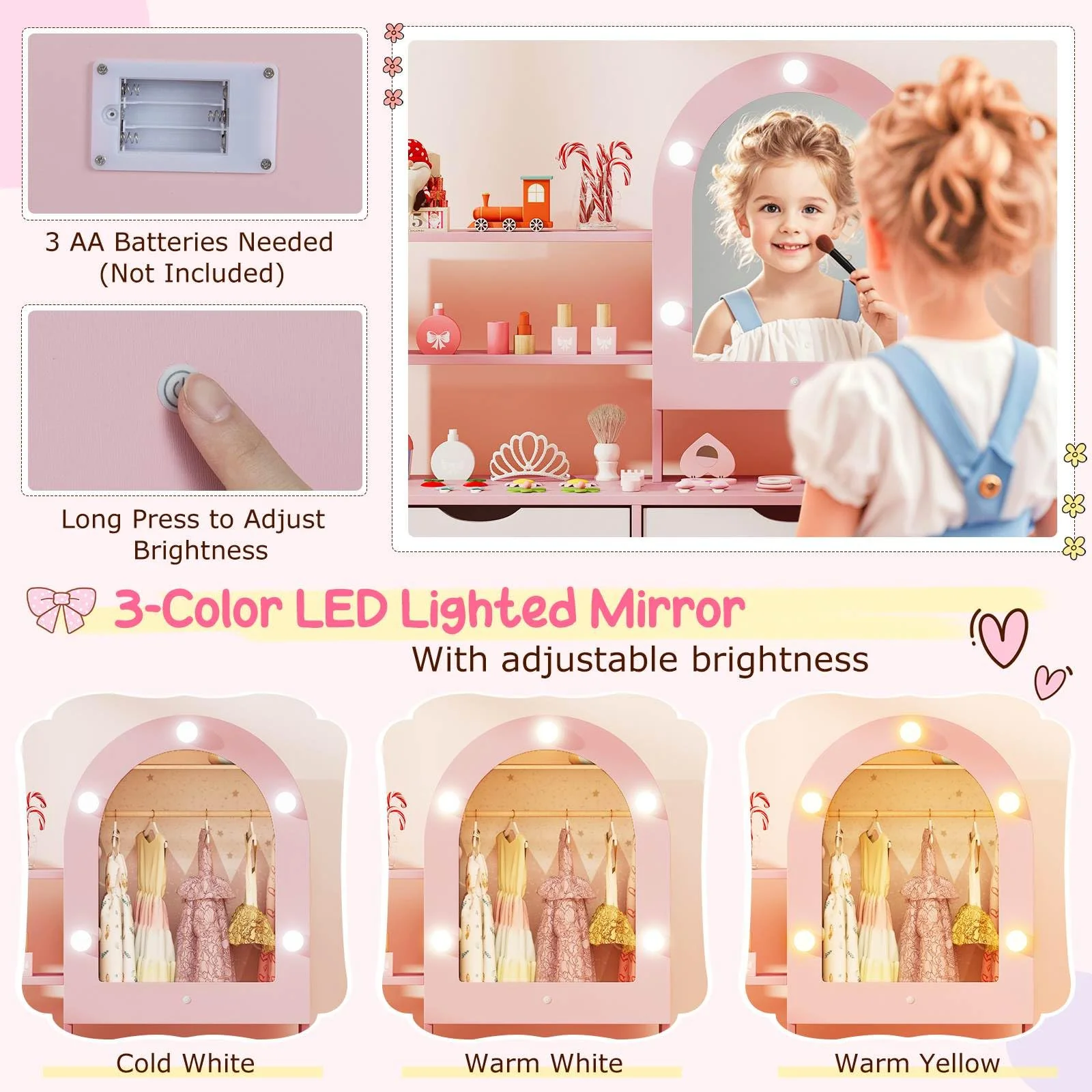 Kids Vanity Set, Pretend Play Dressing Table Set w/3-Color Lighting Modes - Image 5