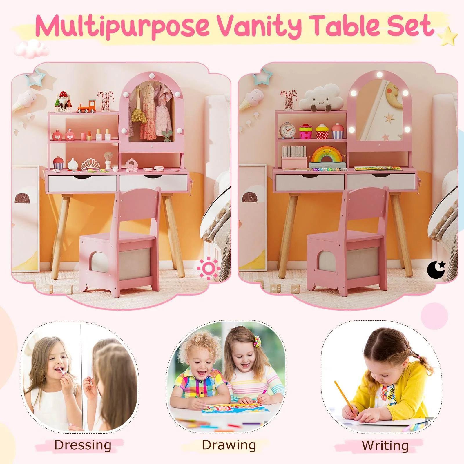 Kids Vanity Set, Pretend Play Dressing Table Set w/3-Color Lighting Modes - Image 6