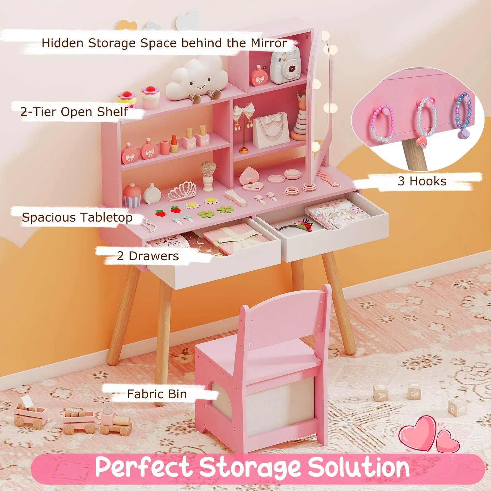 Kids Vanity Set, Pretend Play Dressing Table Set w/3-Color Lighting Modes - Image 7