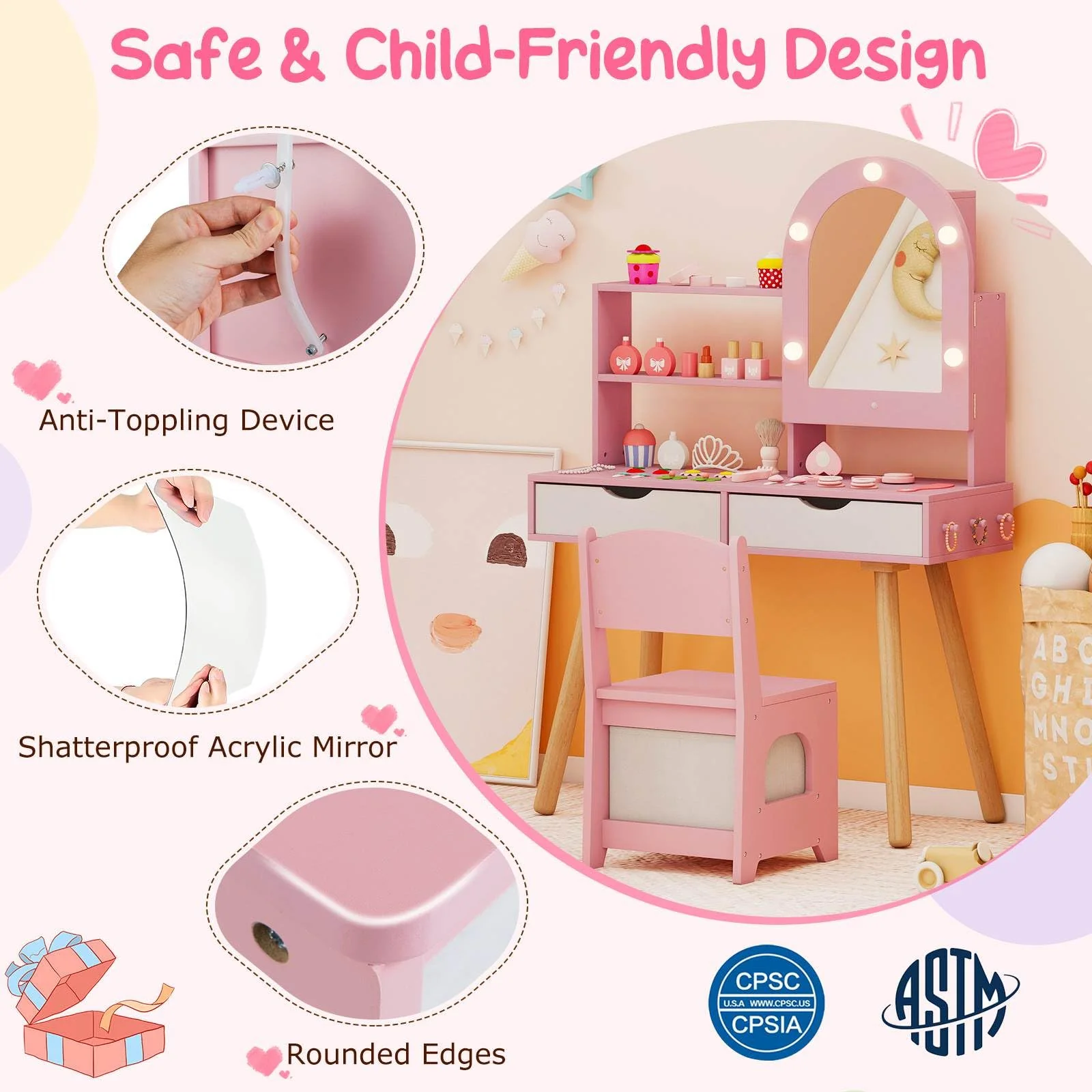 Kids Vanity Set, Pretend Play Dressing Table Set w/3-Color Lighting Modes - Image 8