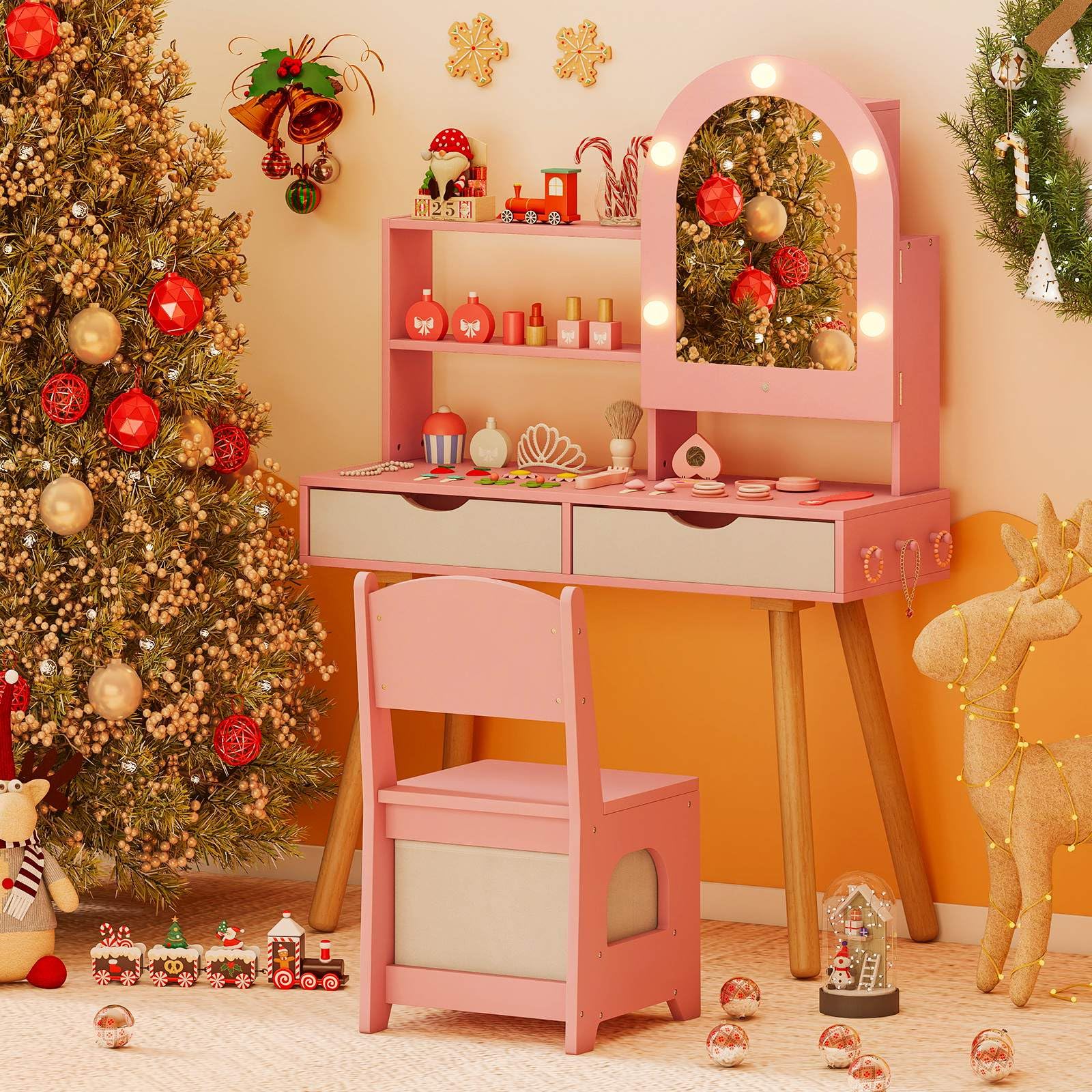 Kids Vanity Set, Pretend Play Dressing Table Set w/3-Color Lighting Modes - Image 9