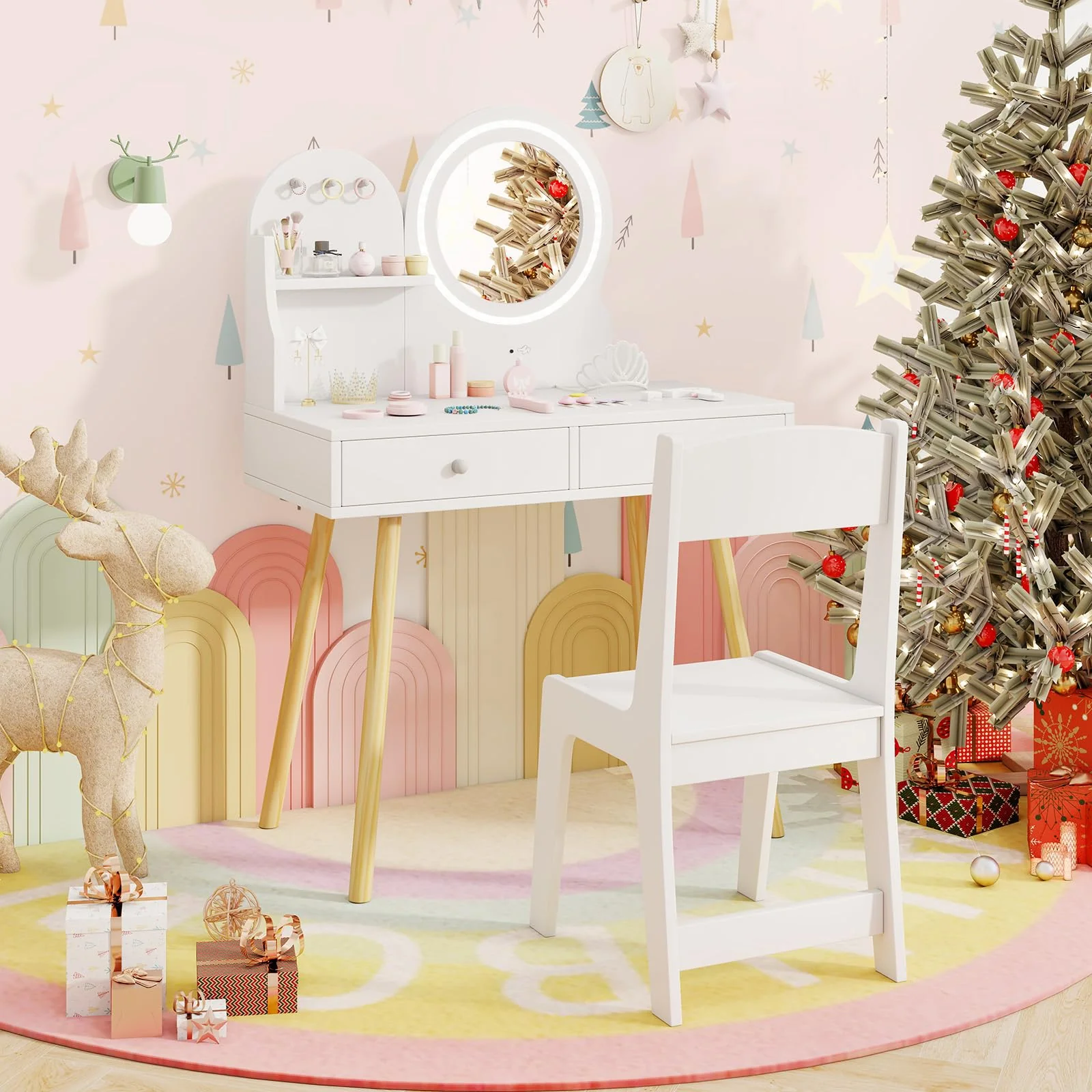 Kids Vanity Set, Princess Dressing Table with Chair, 2-Color Front Lit Mirror, 2 Drawers, Open Storage Shelve - Image 2