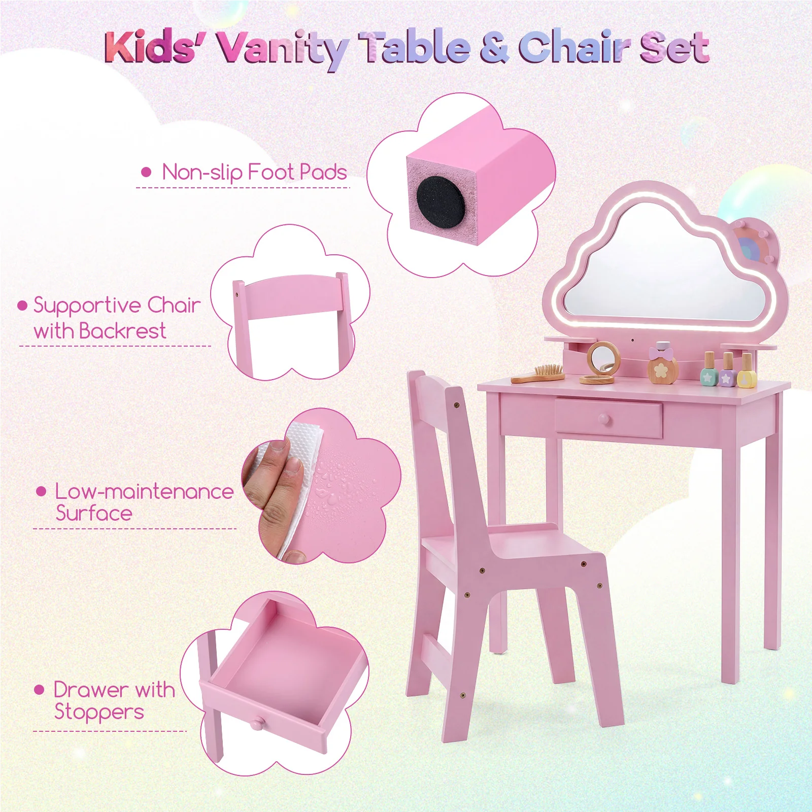 Kids Vanity Set with Lighted Cloud Mirror and Stool for Girls - Image 10