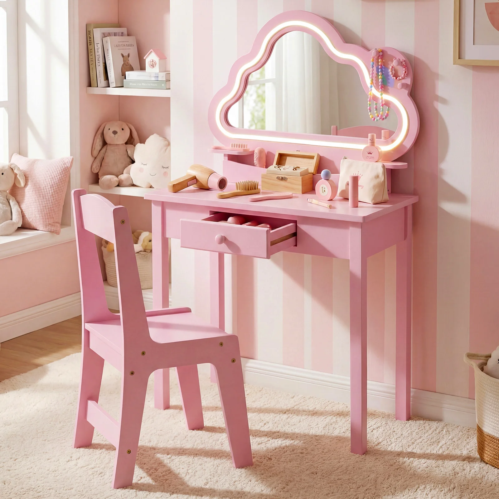 Kids Vanity Set with Lighted Cloud Mirror and Stool for Girls - Image 2
