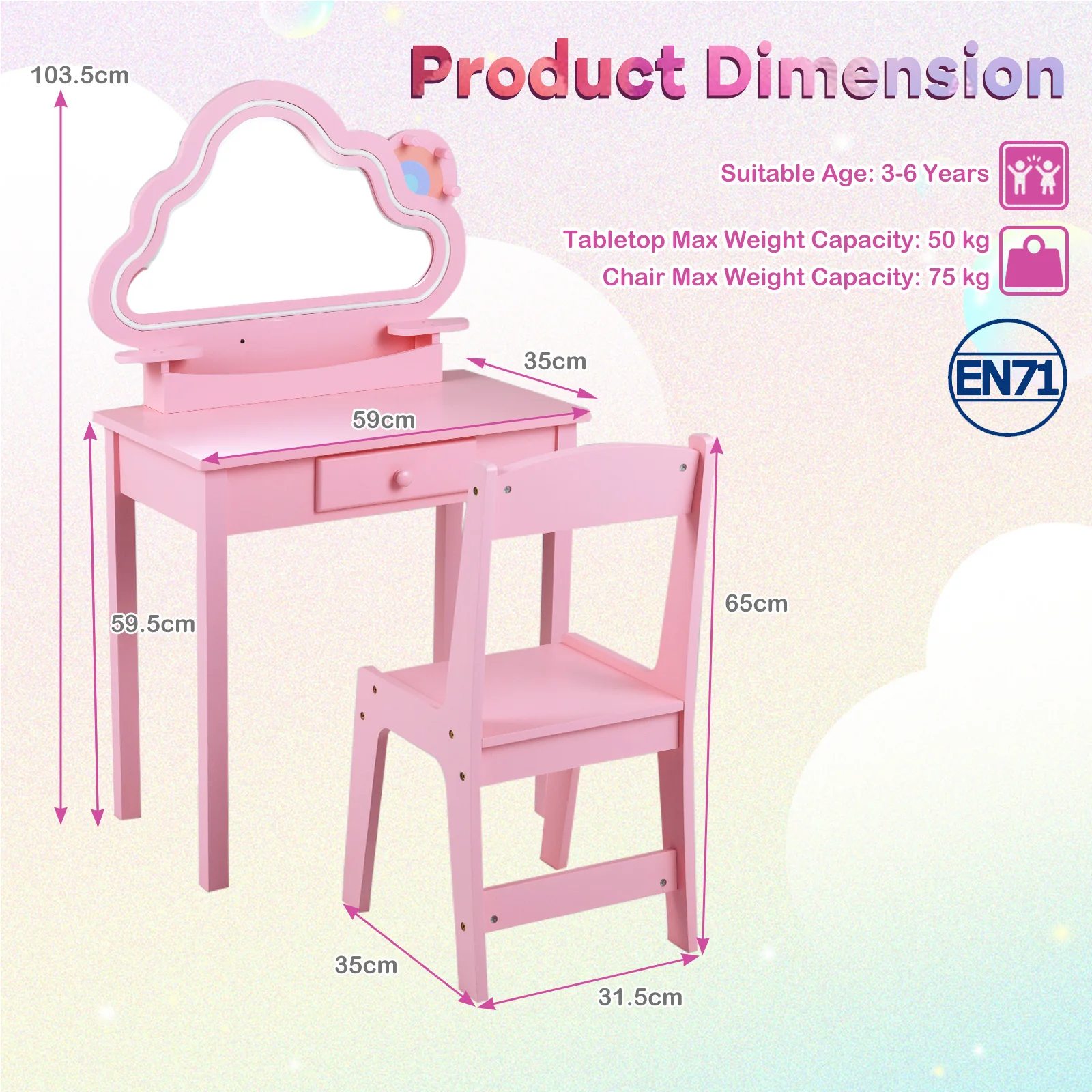 Kids Vanity Set with Lighted Cloud Mirror and Stool for Girls - Image 3
