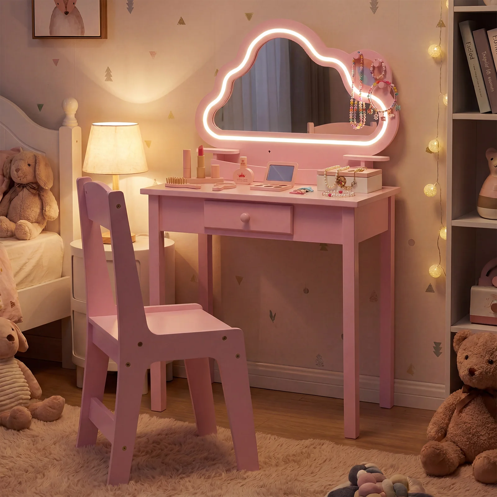 Kids Vanity Set with Lighted Cloud Mirror and Stool for Girls - Image 4