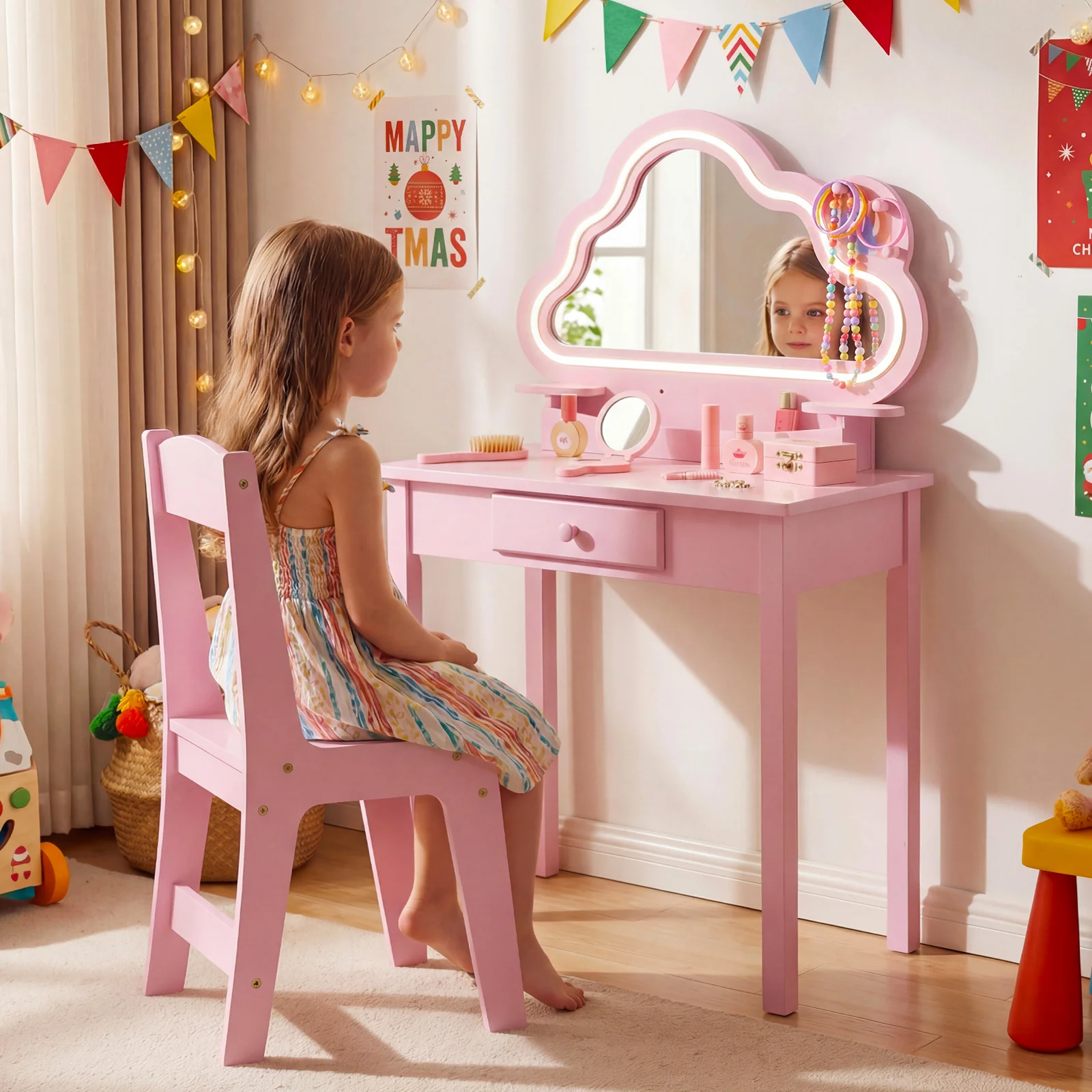 Kids Vanity Set with Lighted Cloud Mirror and Stool for Girls - Image 5