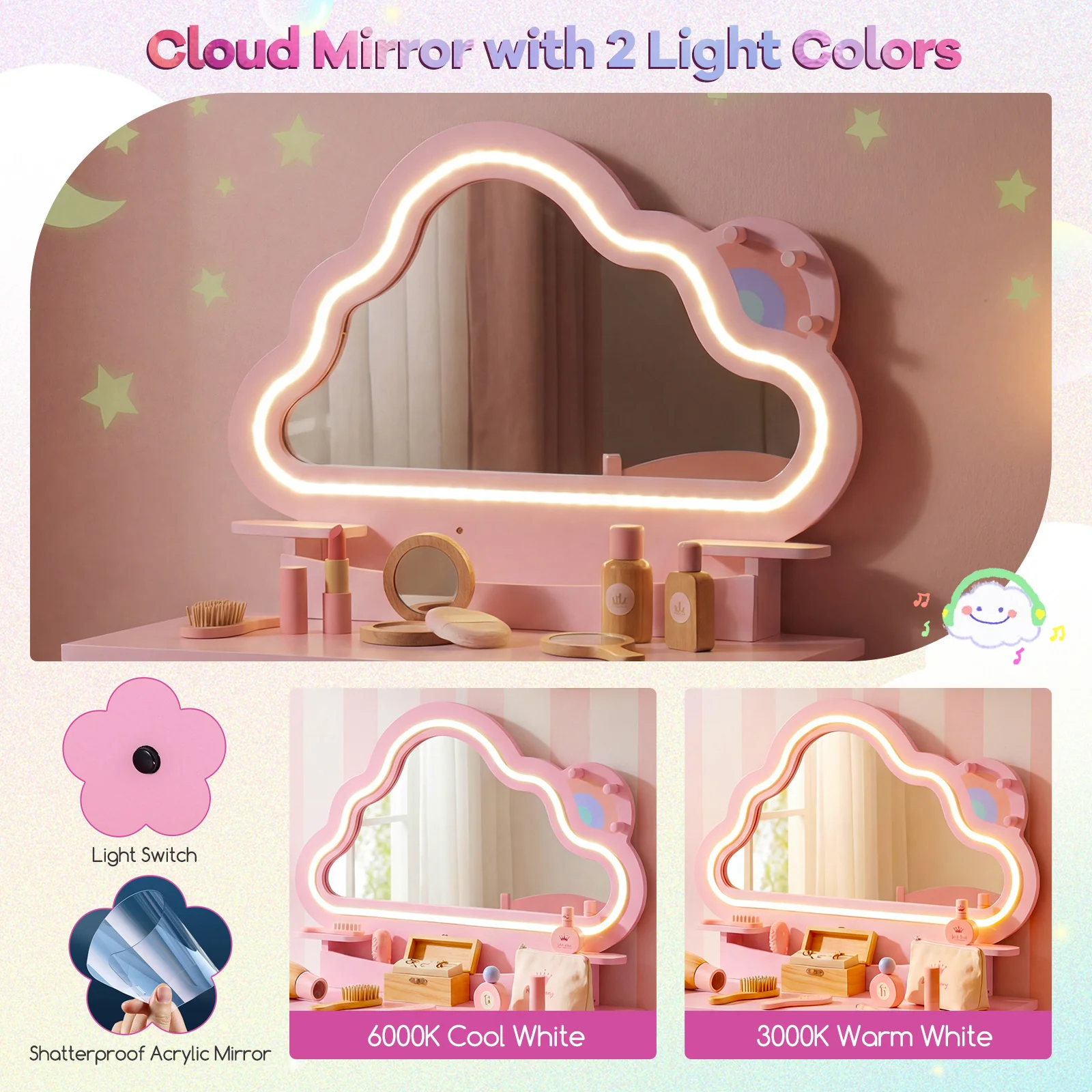 Kids Vanity Set with Lighted Cloud Mirror and Stool for Girls - Image 6