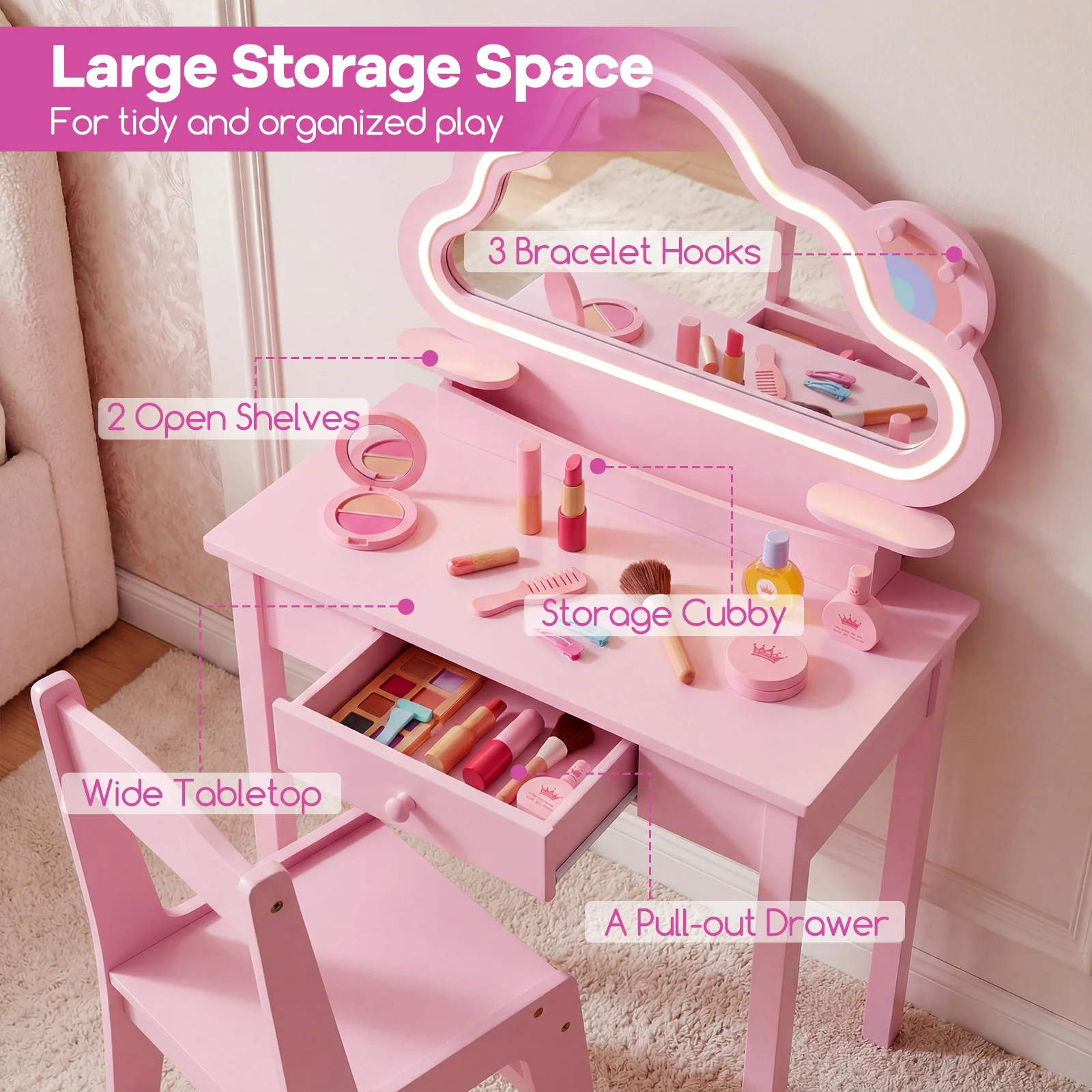 Kids Vanity Set with Lighted Cloud Mirror and Stool for Girls - Image 7