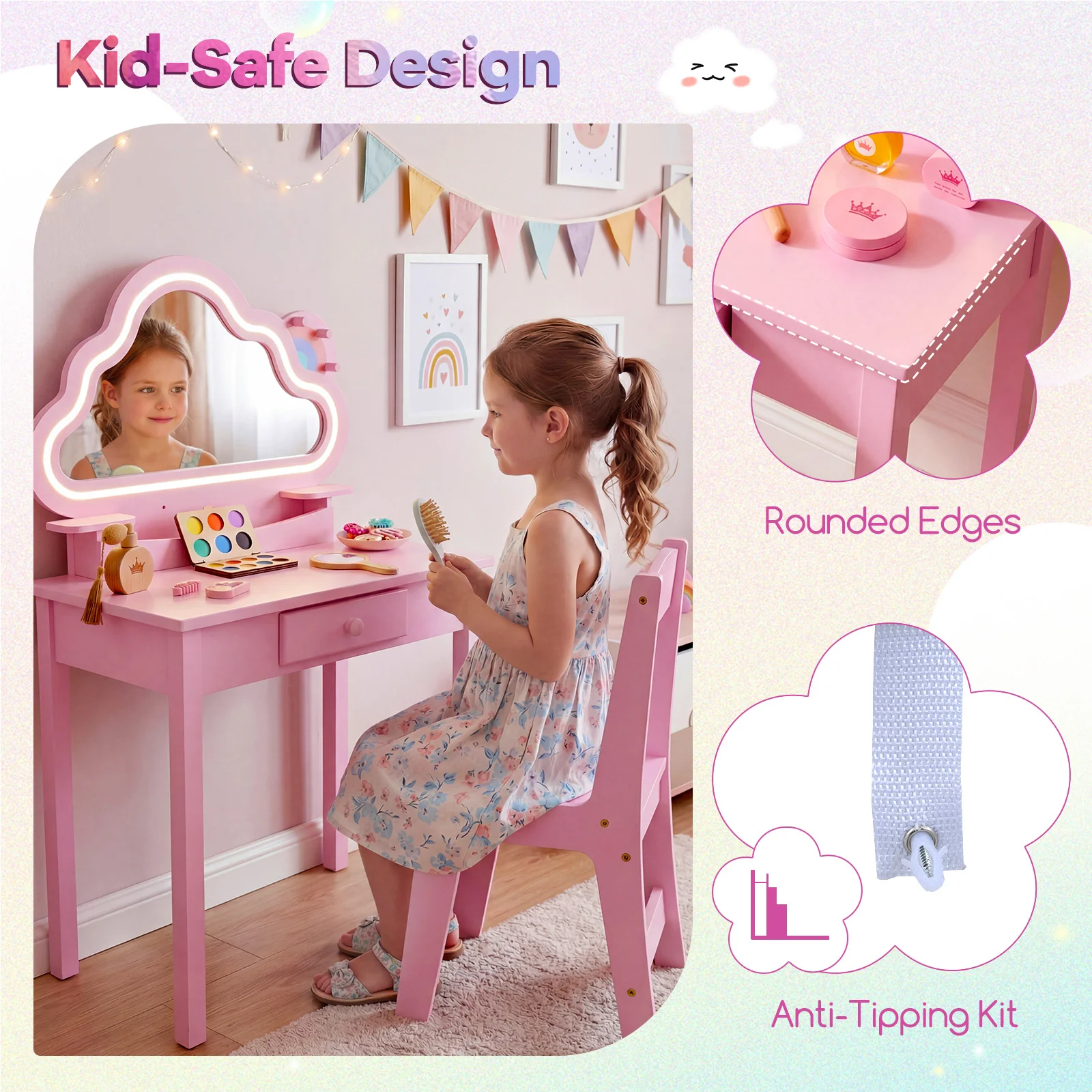 Kids Vanity Set with Lighted Cloud Mirror and Stool for Girls - Image 8