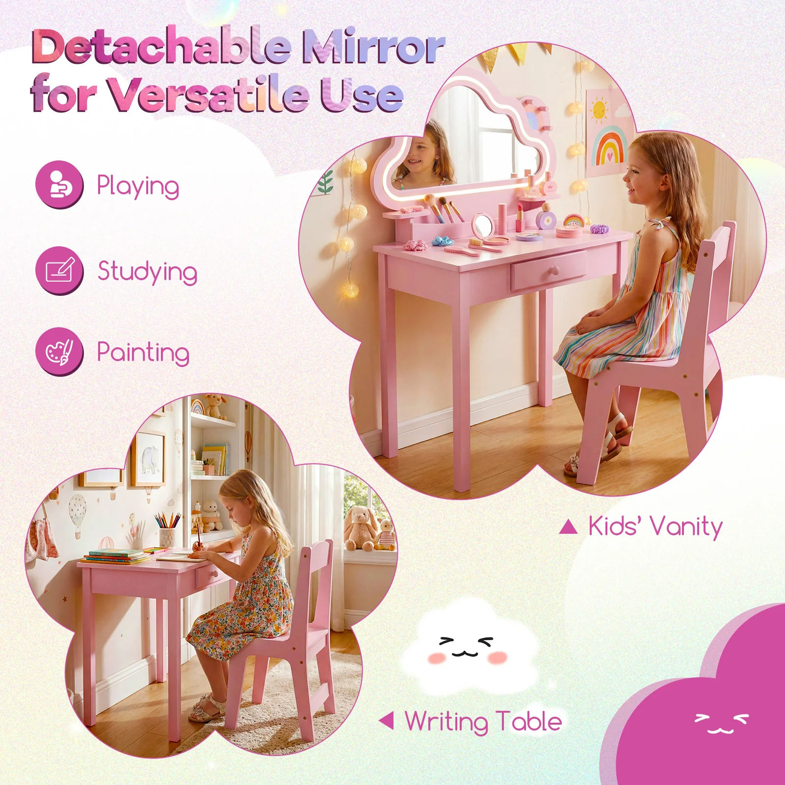 Kids Vanity Set with Lighted Cloud Mirror and Stool for Girls - Image 9