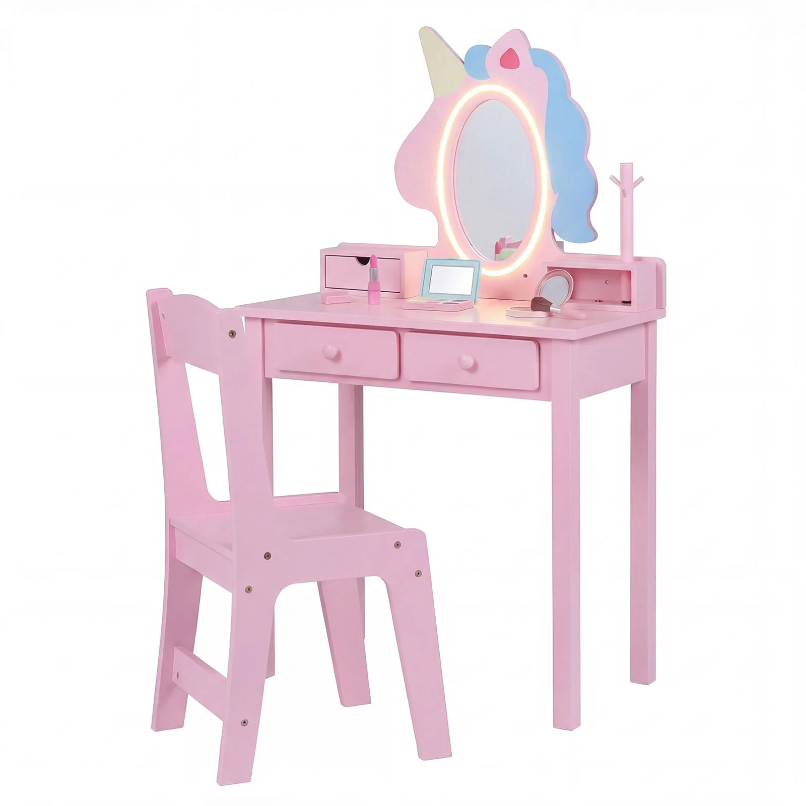 Kids Vanity Set with Lighted Unicorn Mirror and Stool for Girls