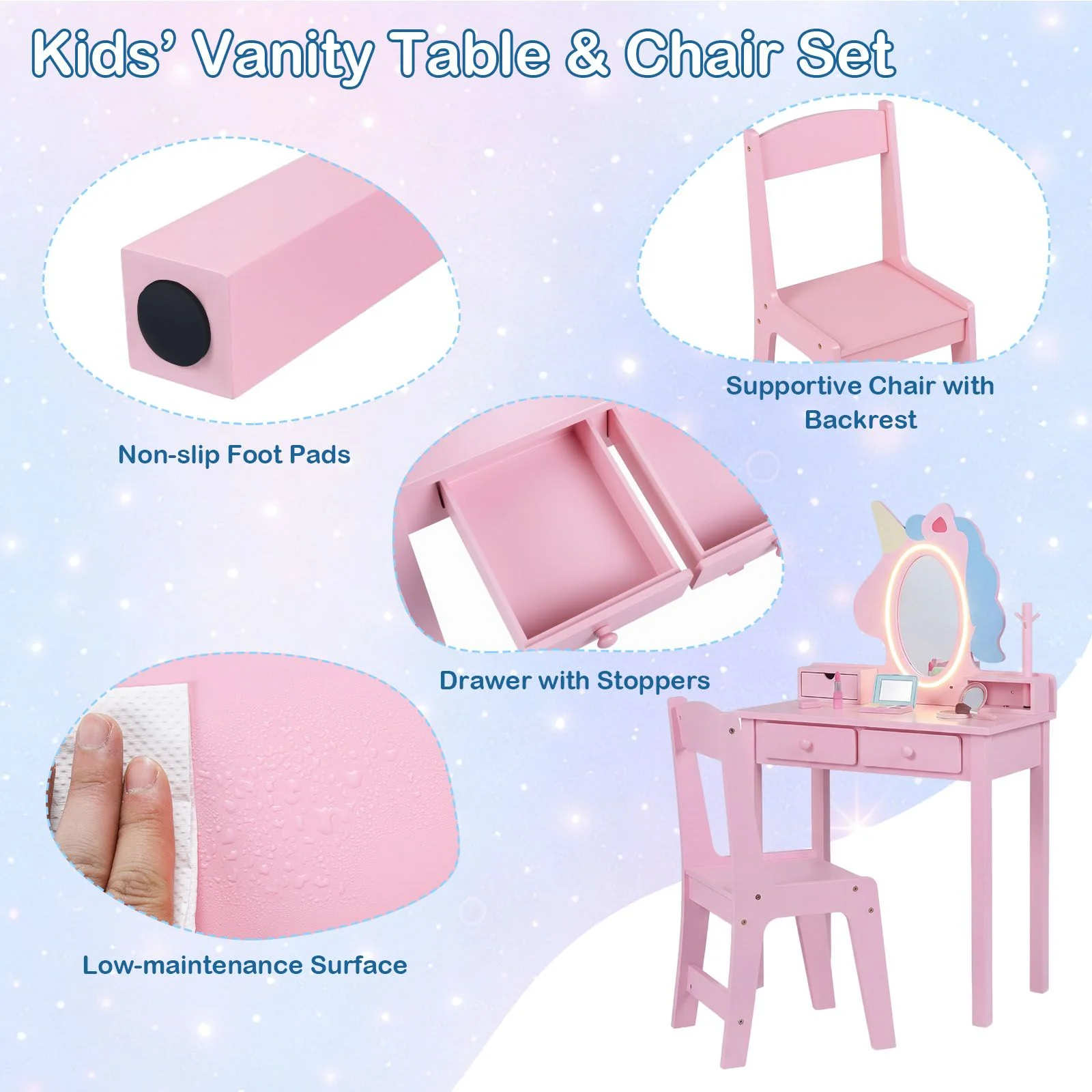 Kids Vanity Set with Lighted Unicorn Mirror and Stool for Girls - Image 10