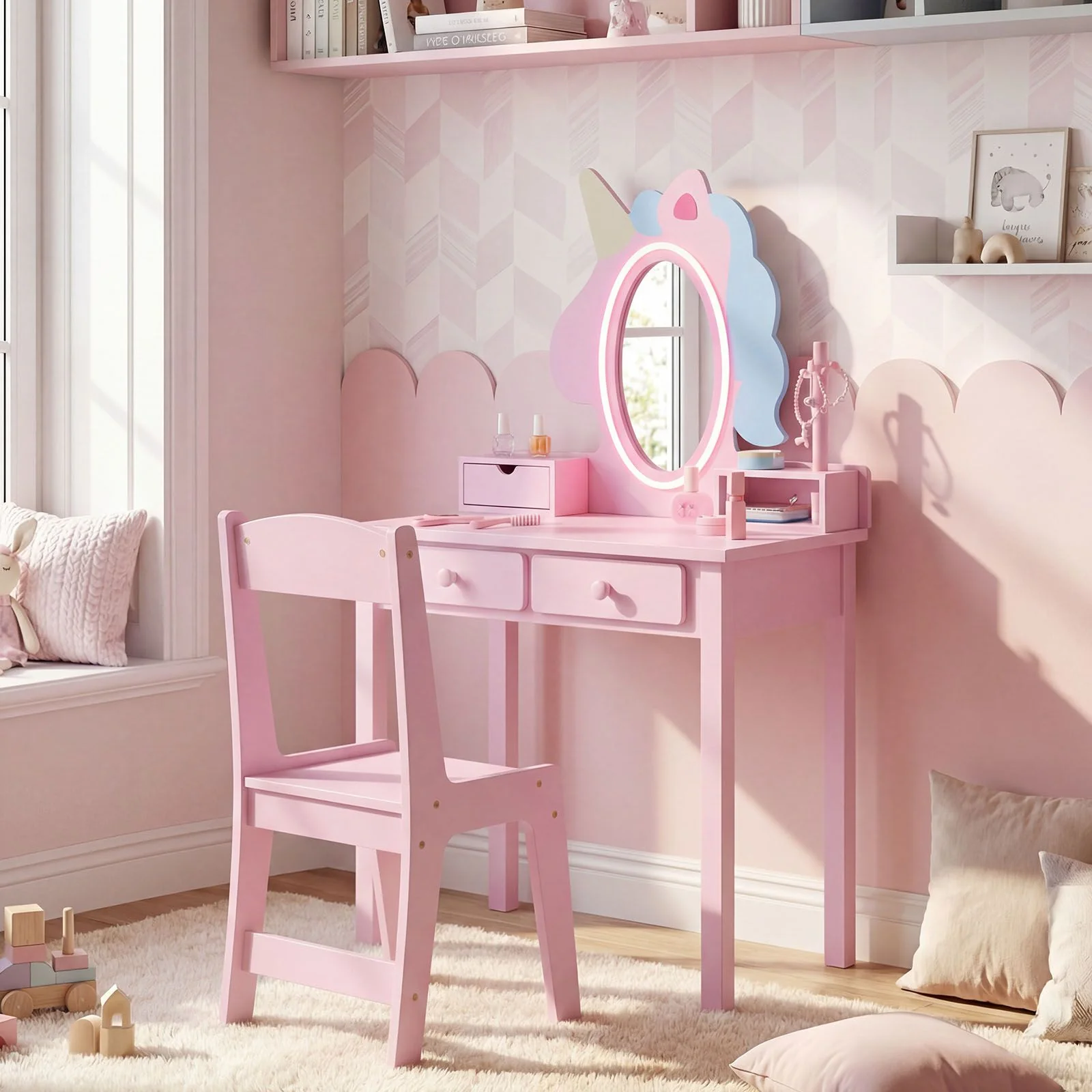 Kids Vanity Set with Lighted Unicorn Mirror and Stool for Girls - Image 2