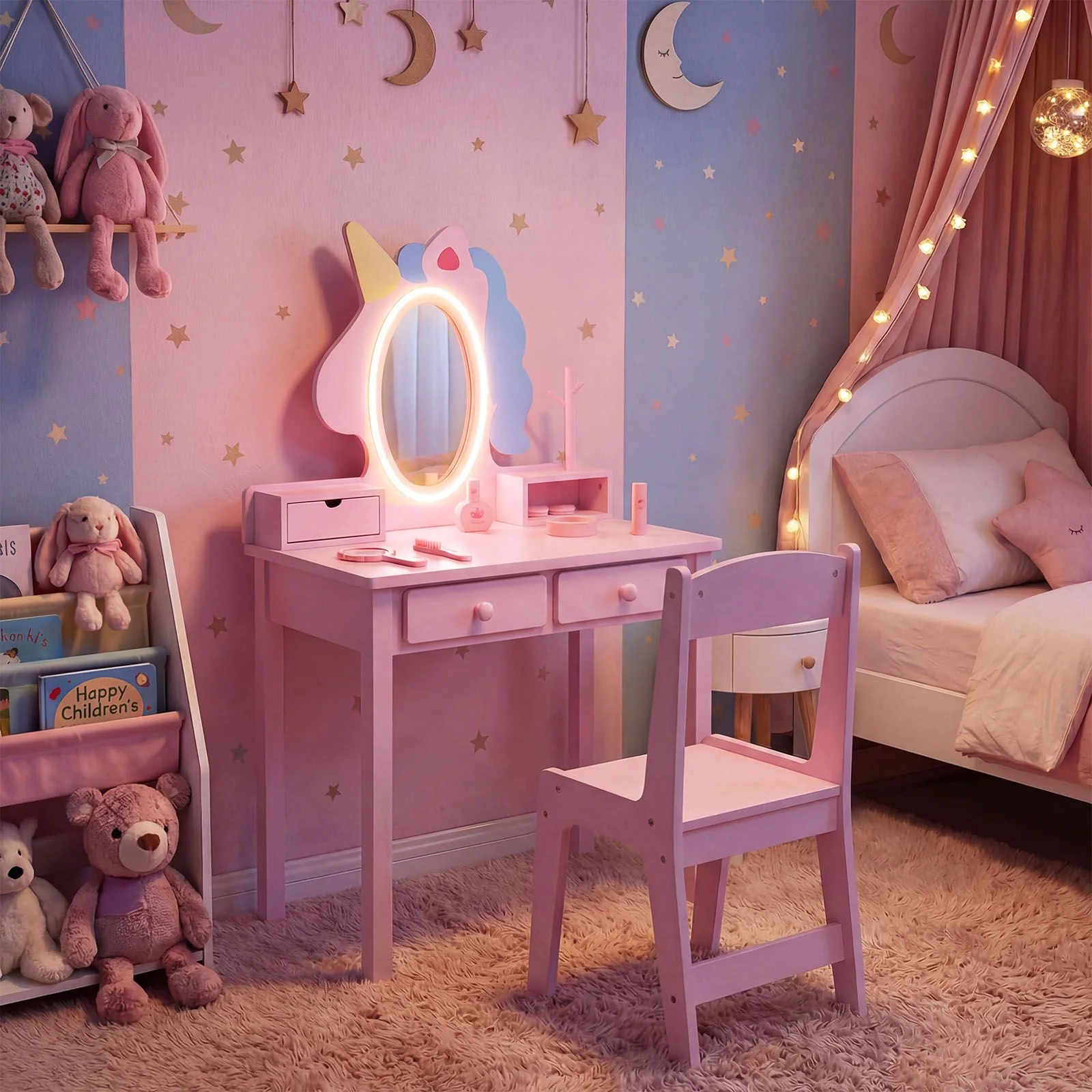 Kids Vanity Set with Lighted Unicorn Mirror and Stool for Girls - Image 3