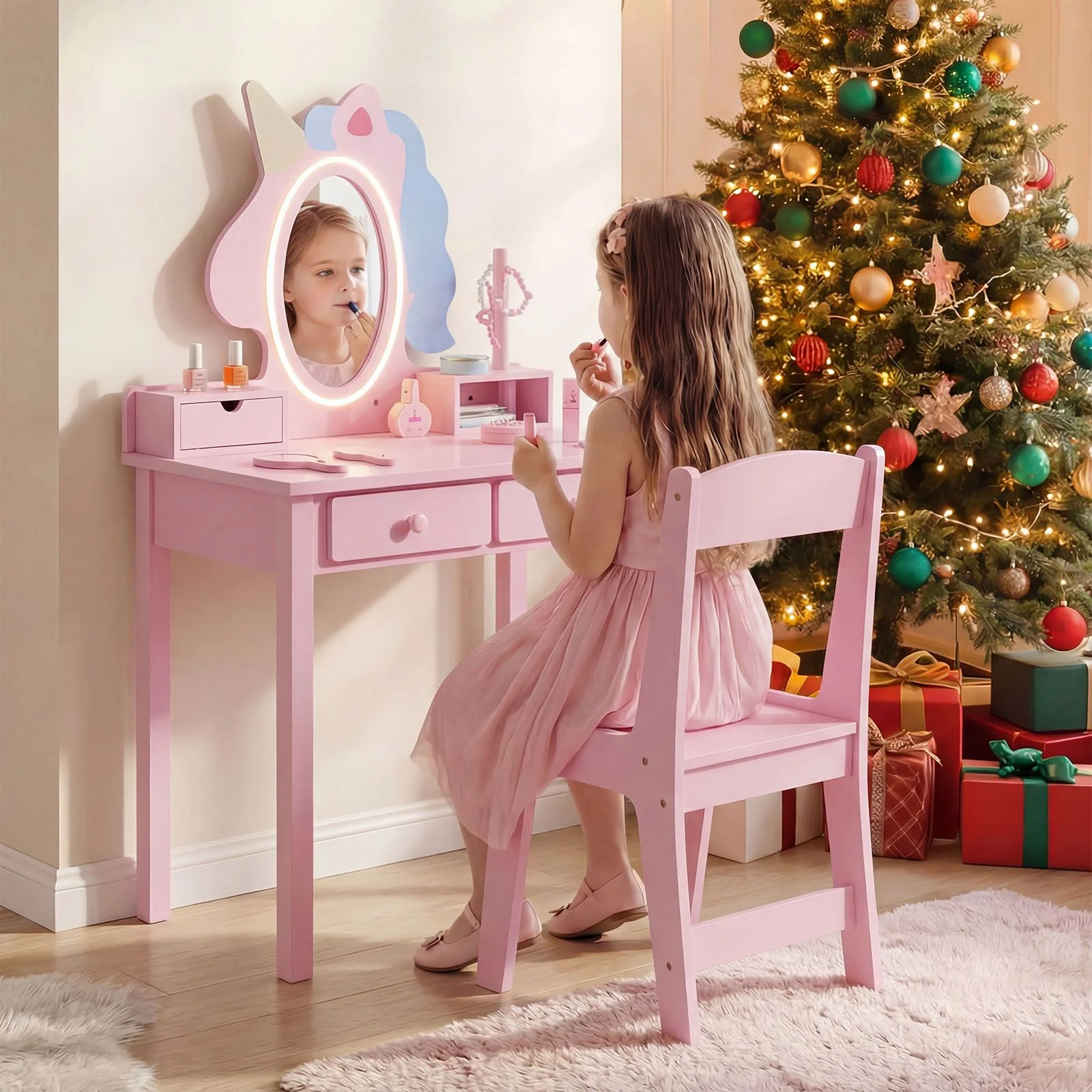 Kids Vanity Set with Lighted Unicorn Mirror and Stool for Girls - Image 4