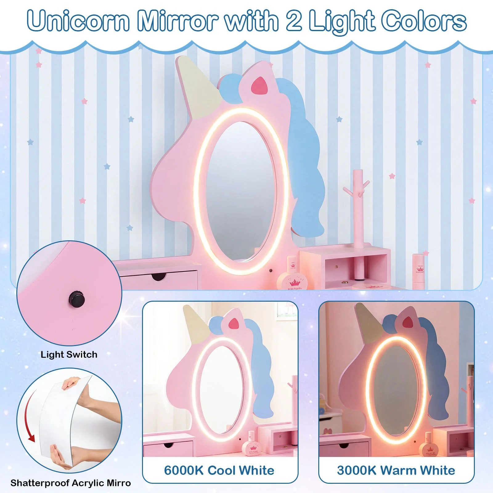 Kids Vanity Set with Lighted Unicorn Mirror and Stool for Girls - Image 5