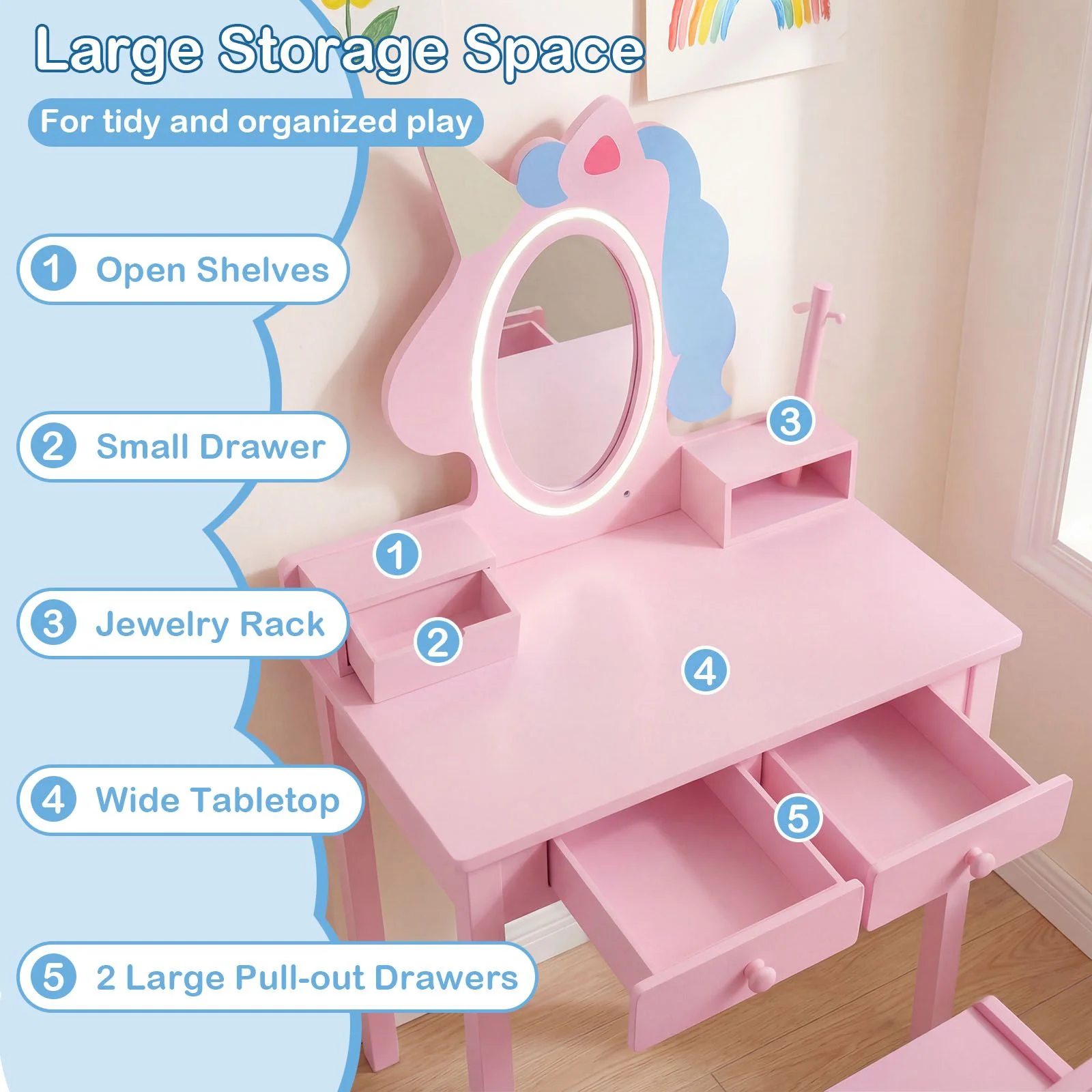Kids Vanity Set with Lighted Unicorn Mirror and Stool for Girls - Image 6