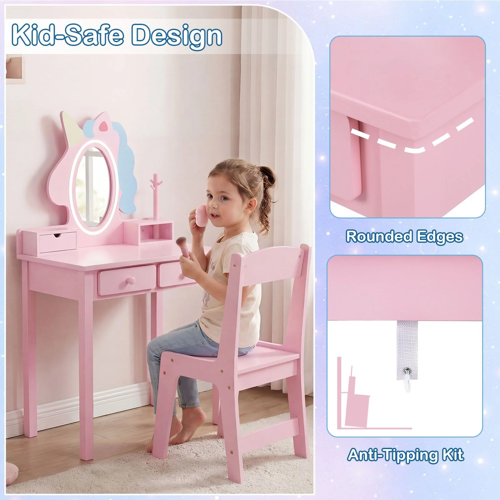 Kids Vanity Set with Lighted Unicorn Mirror and Stool for Girls - Image 7