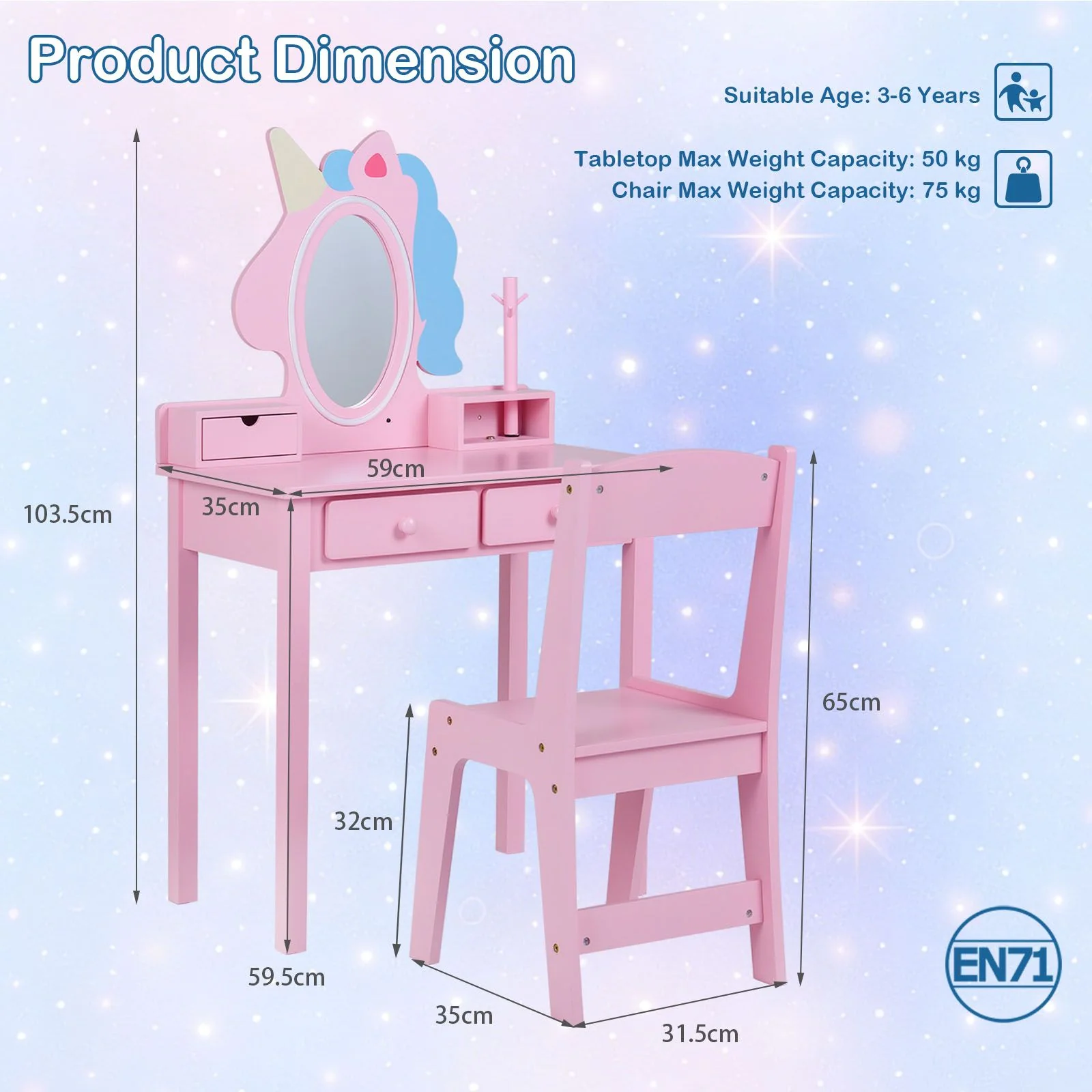 Kids Vanity Set with Lighted Unicorn Mirror and Stool for Girls - Image 8