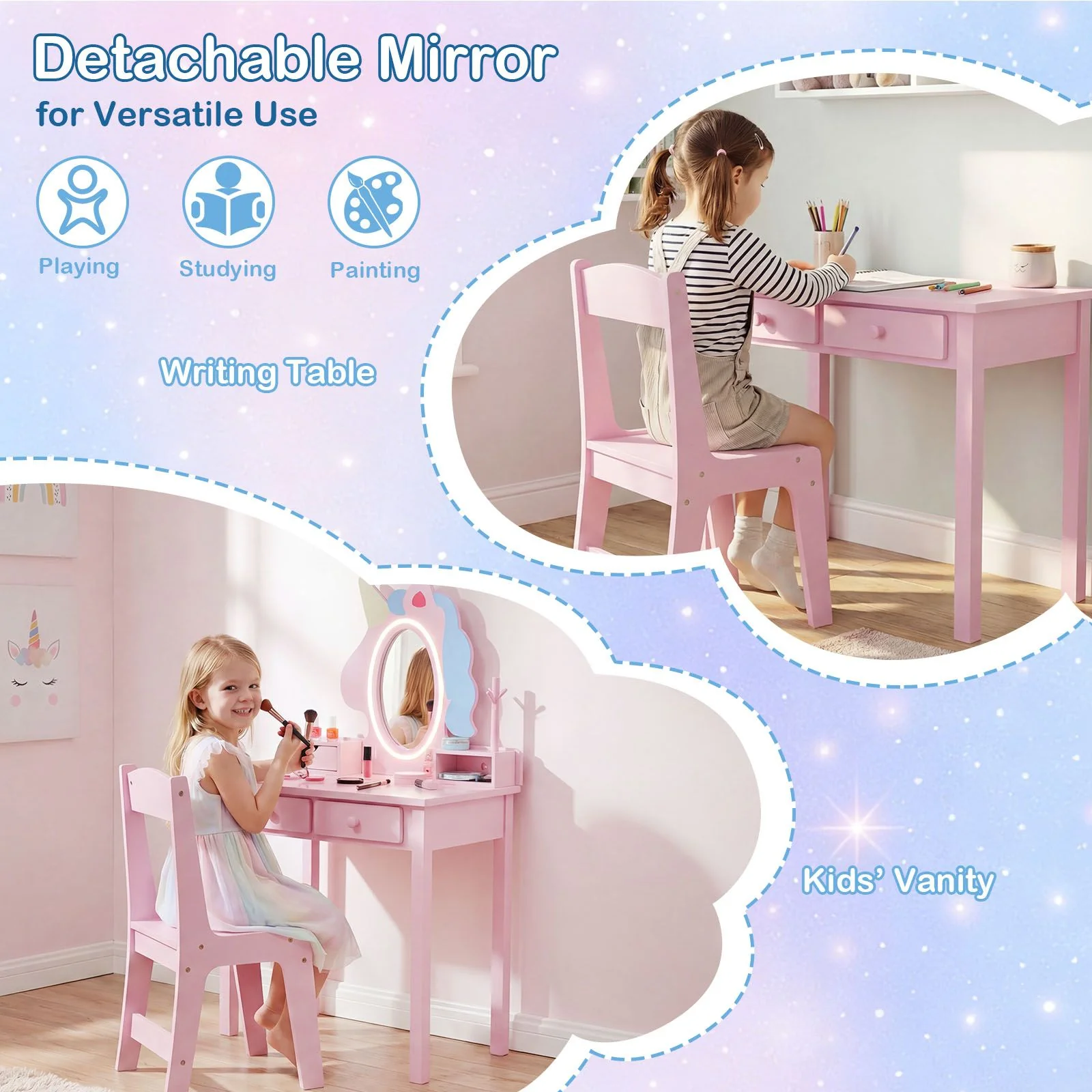 Kids Vanity Set with Lighted Unicorn Mirror and Stool for Girls - Image 9