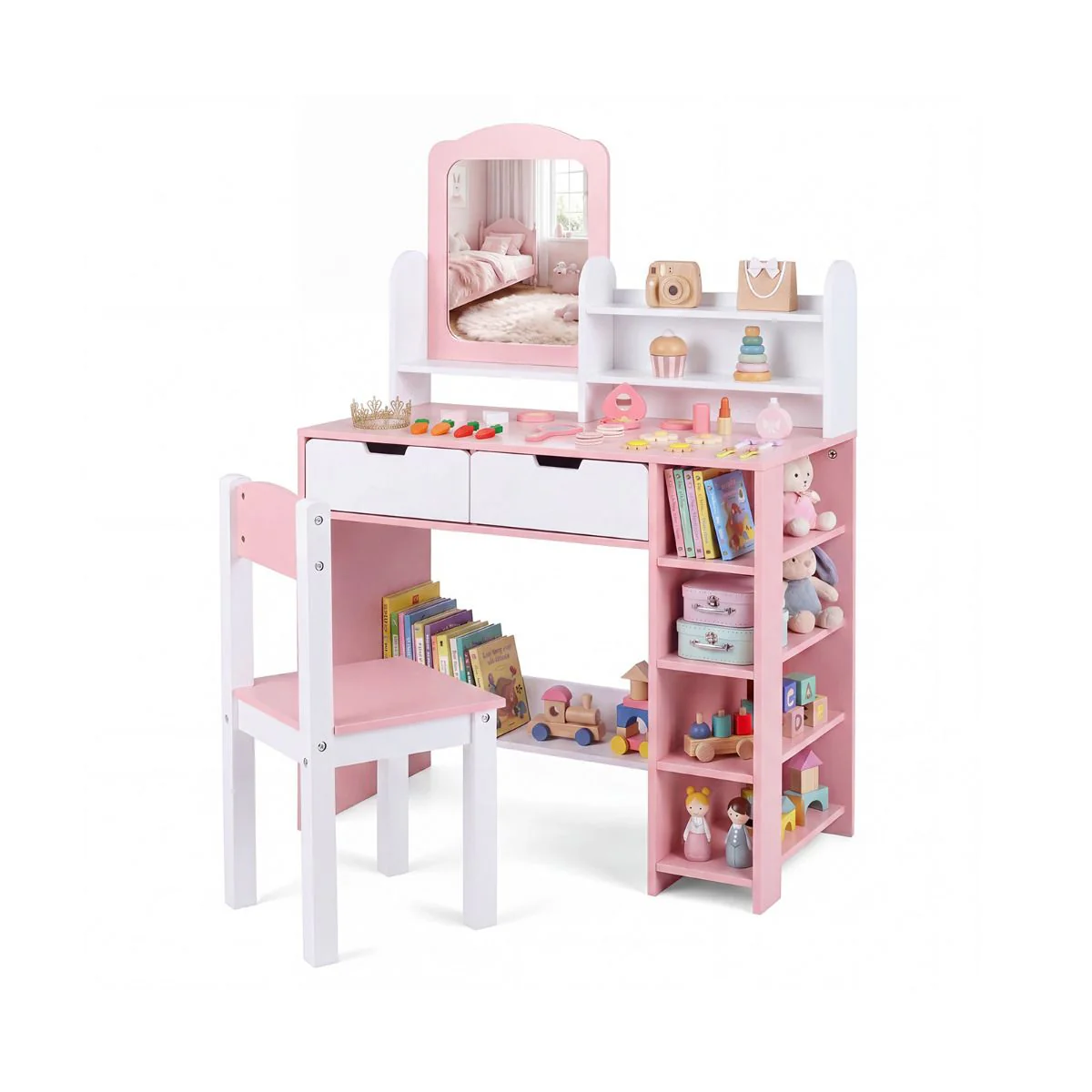 Kids Vanity Set with Mirror and Chair Princess Makeup Dressing Desk