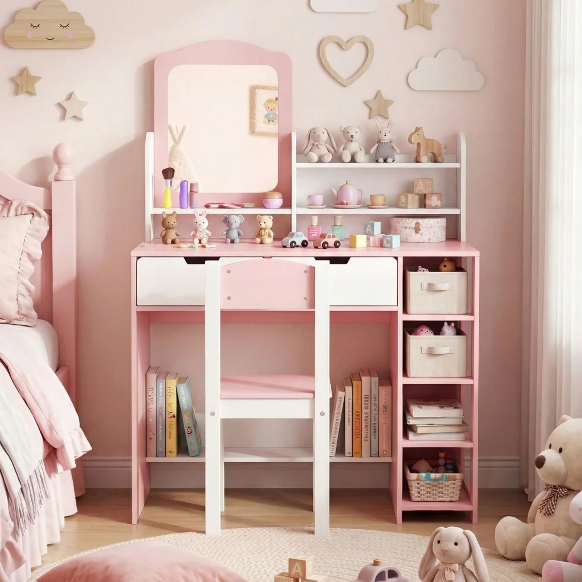 Kids Vanity Set with Mirror and Chair Princess Makeup Dressing Desk - Image 2