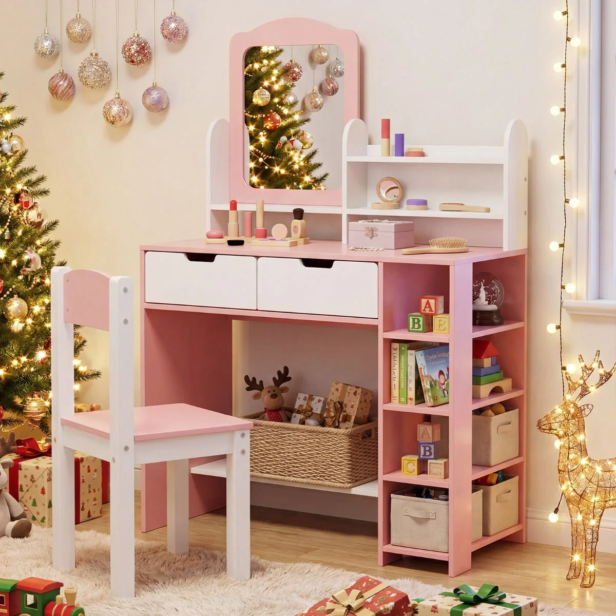 Kids Vanity Set with Mirror and Chair Princess Makeup Dressing Desk - Image 3
