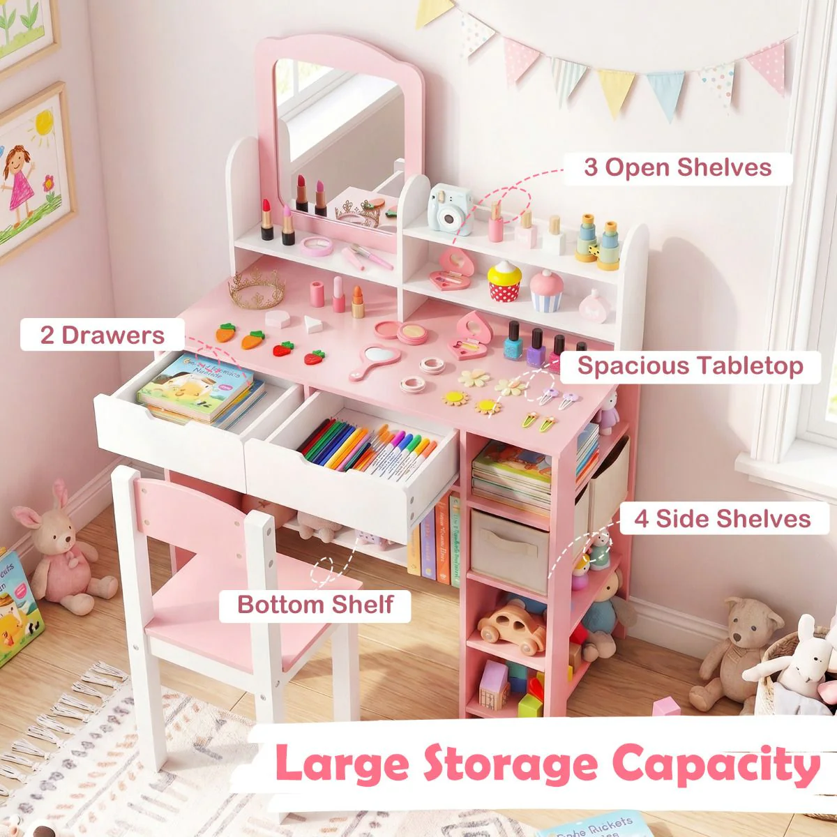 Kids Vanity Set with Mirror and Chair Princess Makeup Dressing Desk - Image 5