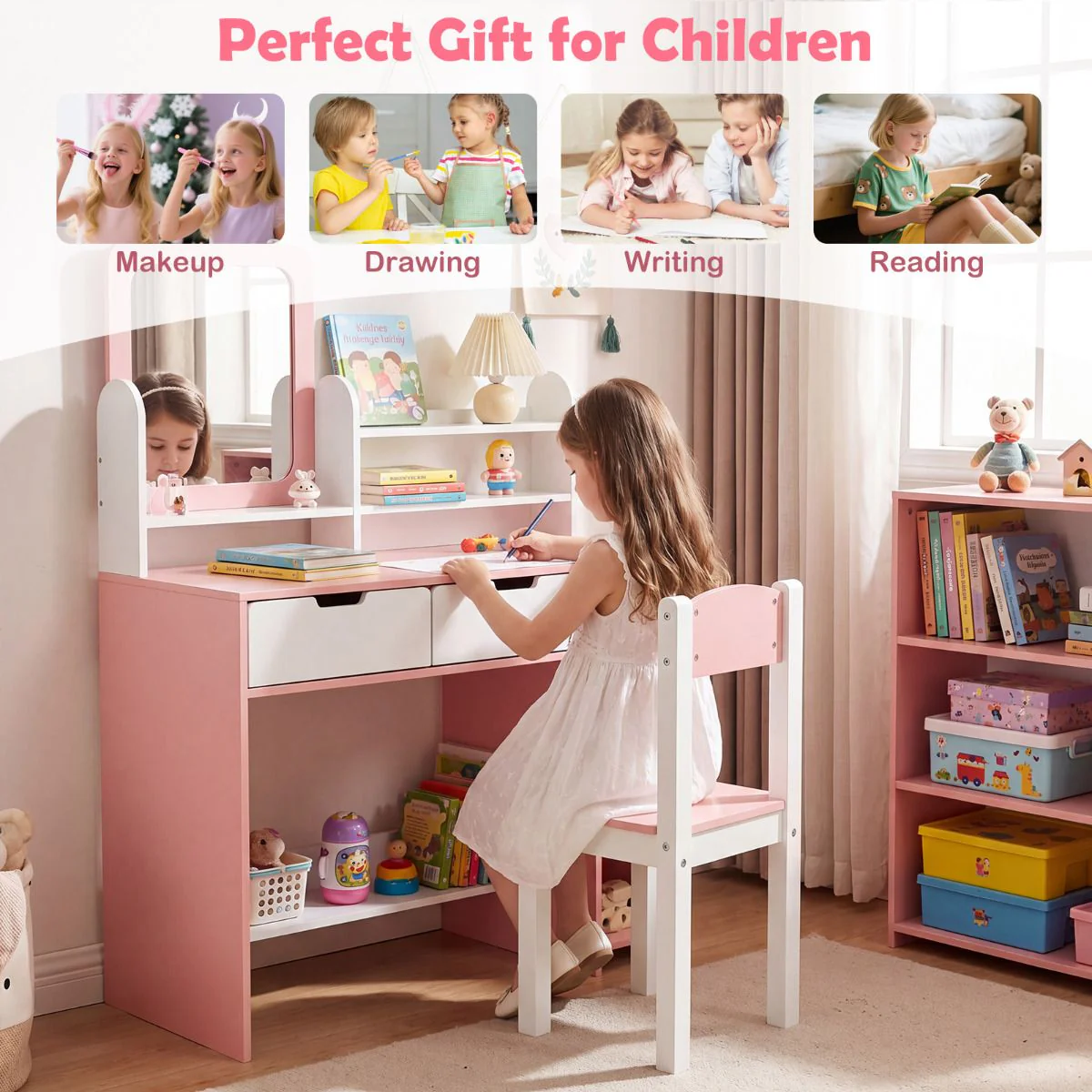 Kids Vanity Set with Mirror and Chair Princess Makeup Dressing Desk - Image 6