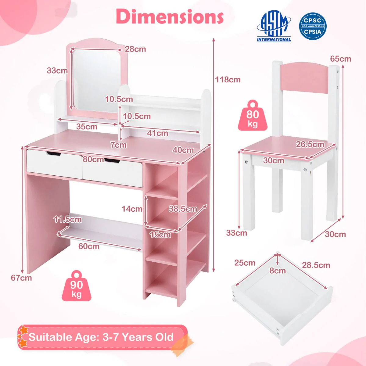 Kids Vanity Set with Mirror and Chair Princess Makeup Dressing Desk - Image 8