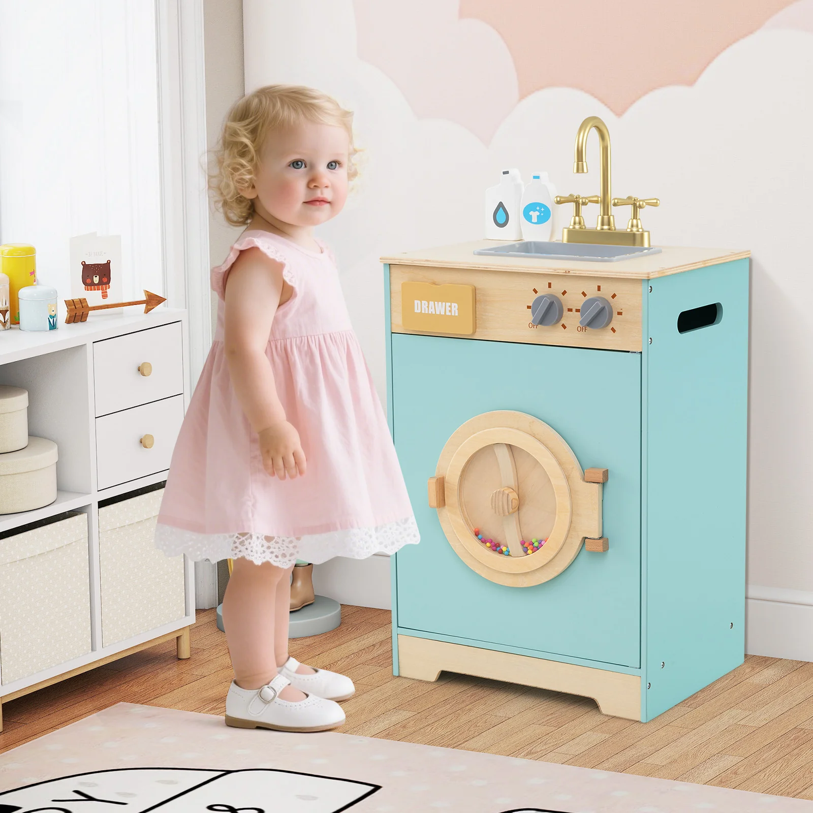Kids Washer Playset, Toy Washing Machine with Laundry Detergent & Hand Sanitizer - Image 2