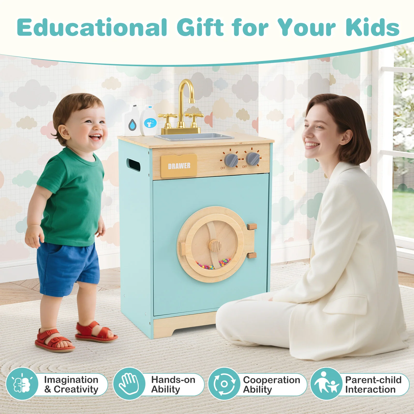 Kids Washer Playset, Toy Washing Machine with Laundry Detergent & Hand Sanitizer - Image 6