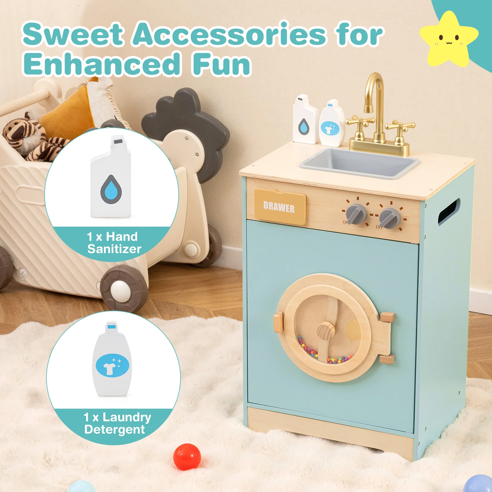 Kids Washer Playset, Toy Washing Machine with Laundry Detergent & Hand Sanitizer - Image 7
