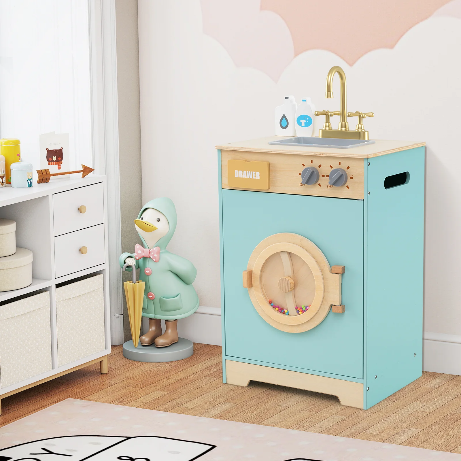 Kids Washer Playset, Toy Washing Machine with Laundry Detergent & Hand Sanitizer - Image 9