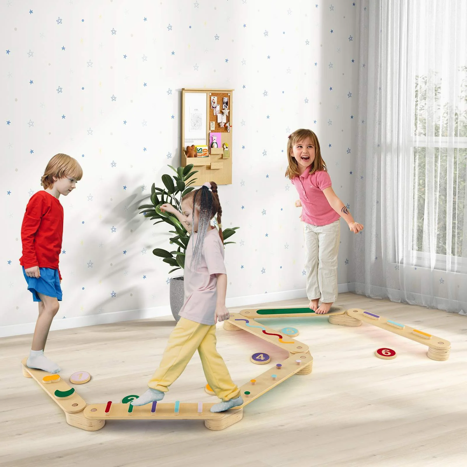 Kids Wooden Balance Beam Set with Stepping Stones Gymnastics Obstacle Course Toy - Image 9