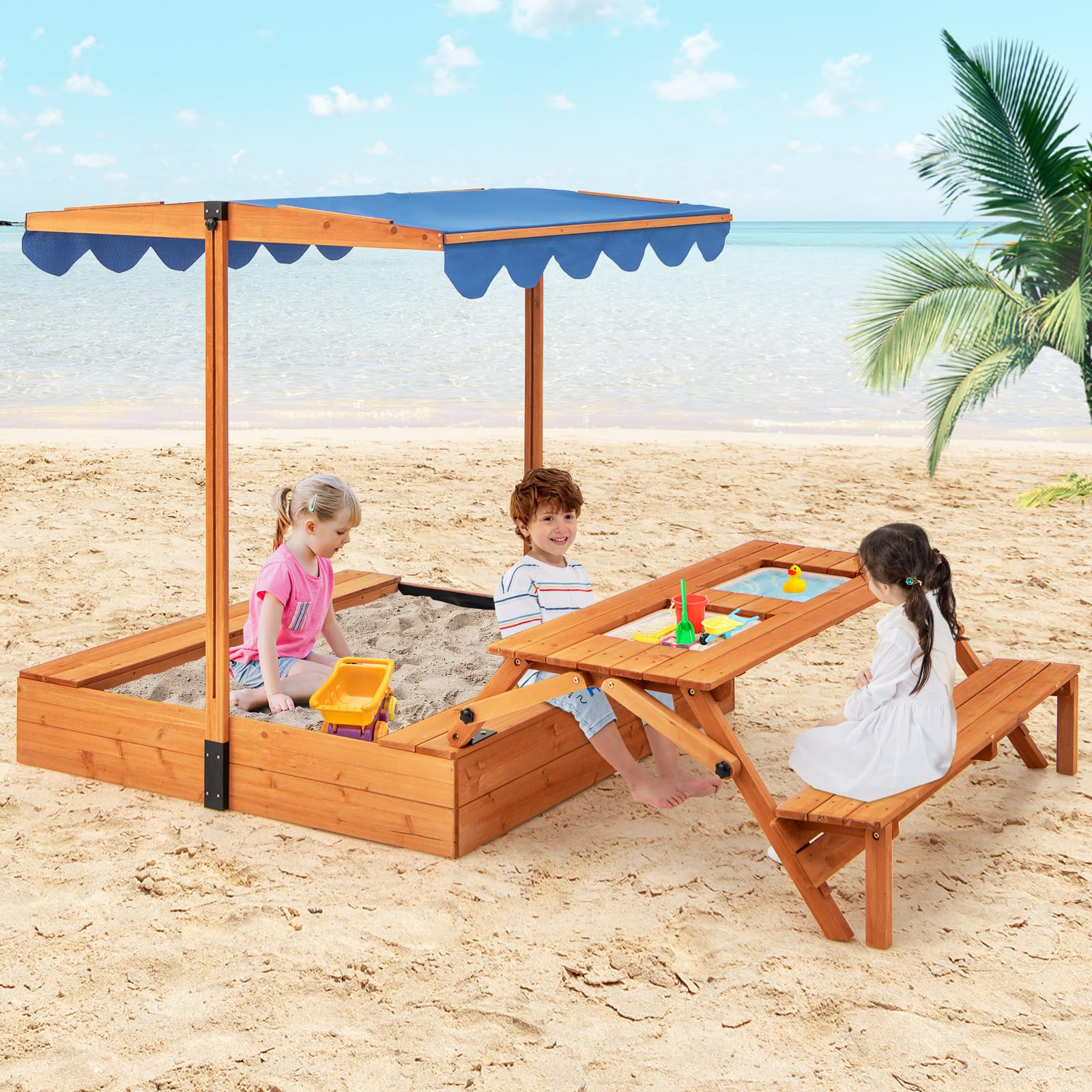 HONEY JOY Kids Wooden Sand Box w/Lid Cover, Outdoor Sand Pit for Children - Image 2