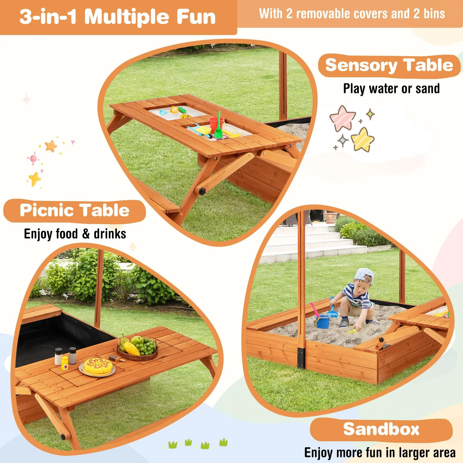 HONEY JOY Kids Wooden Sand Box w/Lid Cover, Outdoor Sand Pit for Children - Image 3