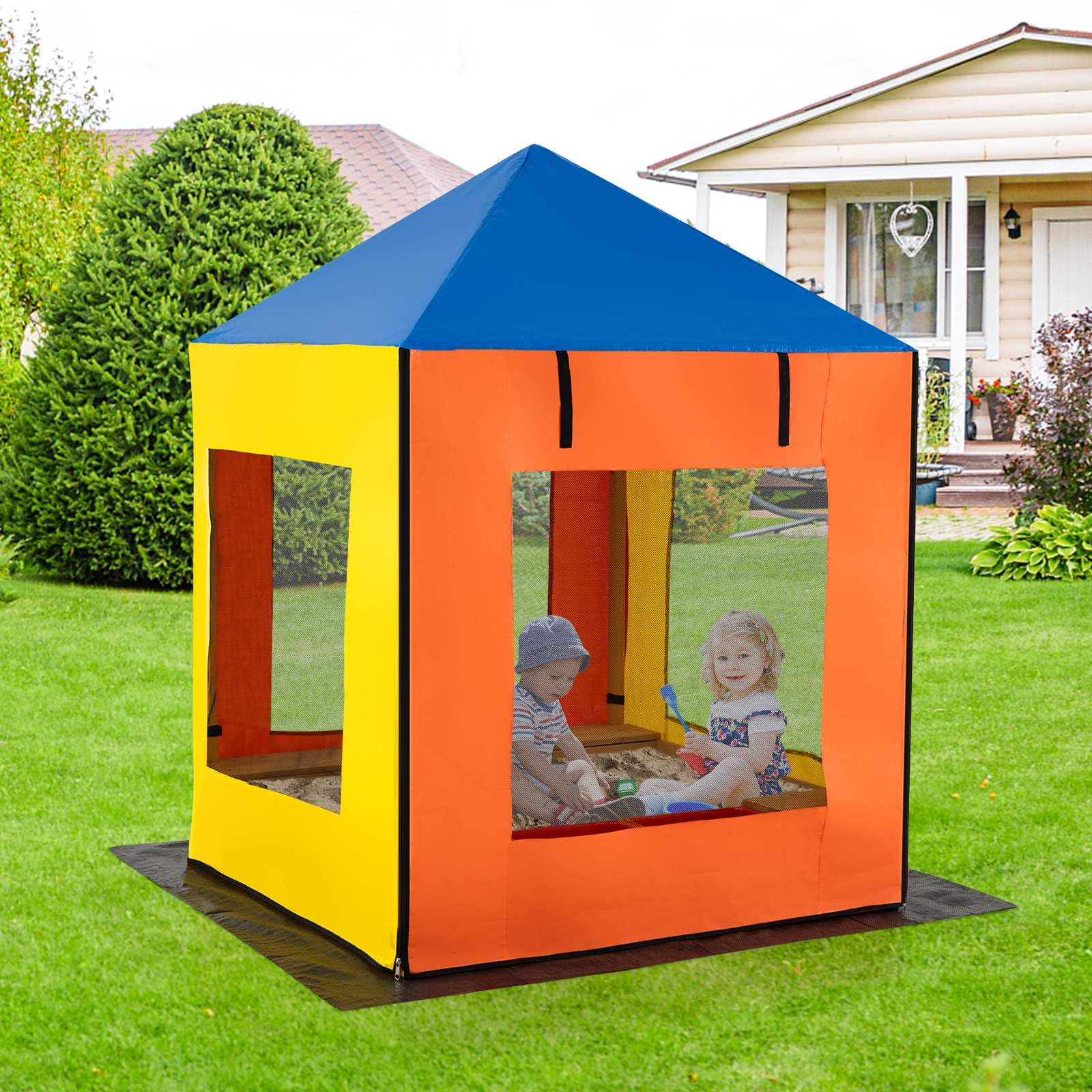 Kids Wooden Sandbox with Canopy, Outdoor Large Fir Wood Playhouse w/Bottom Liner - Image 3