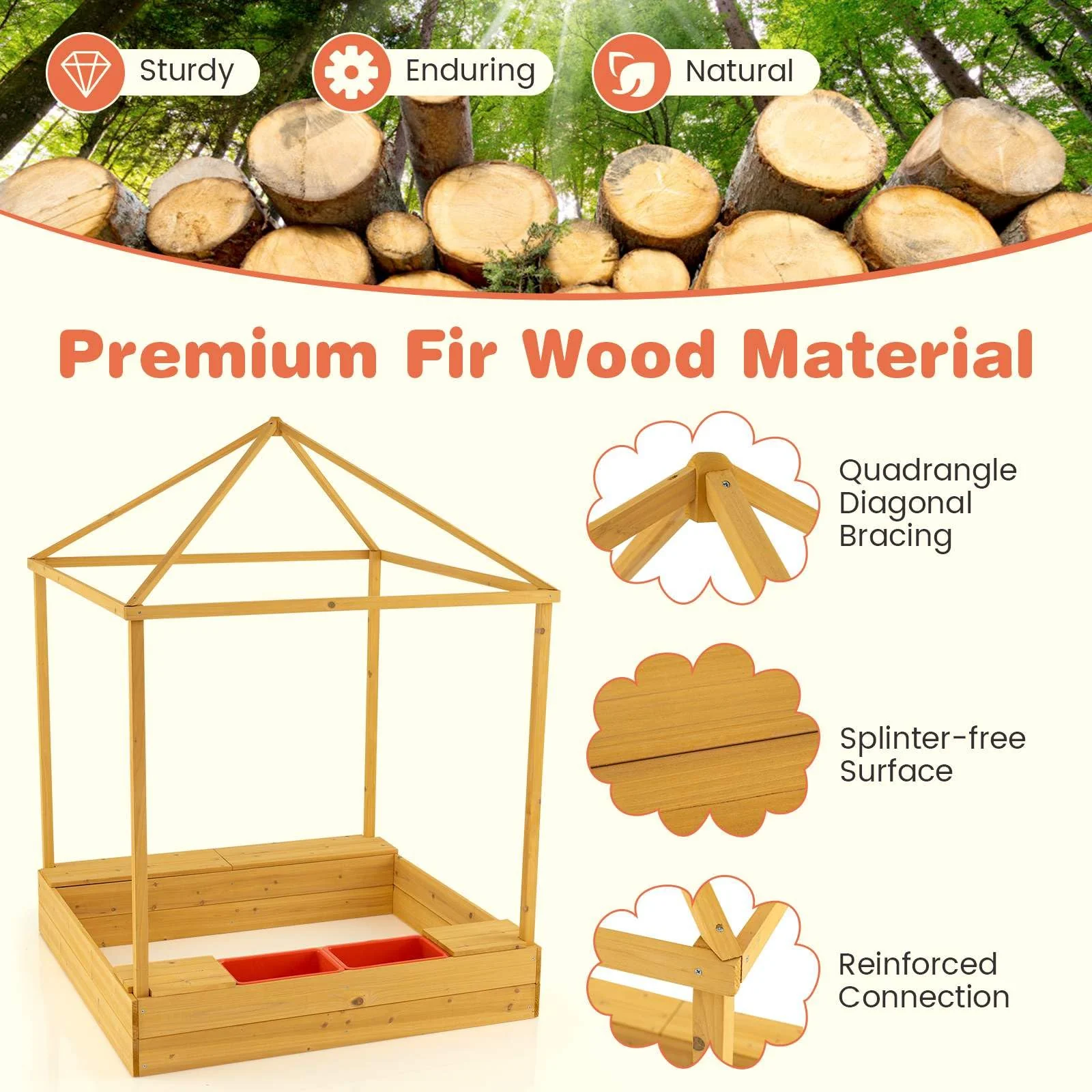 Kids Wooden Sandbox with Canopy, Outdoor Large Fir Wood Playhouse w/Bottom Liner - Image 4
