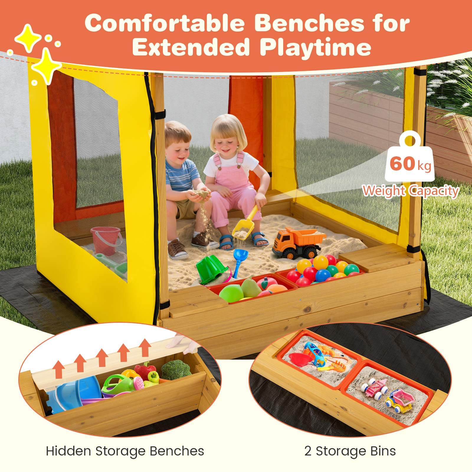 Kids Wooden Sandbox with Canopy, Outdoor Large Fir Wood Playhouse w/Bottom Liner - Image 5