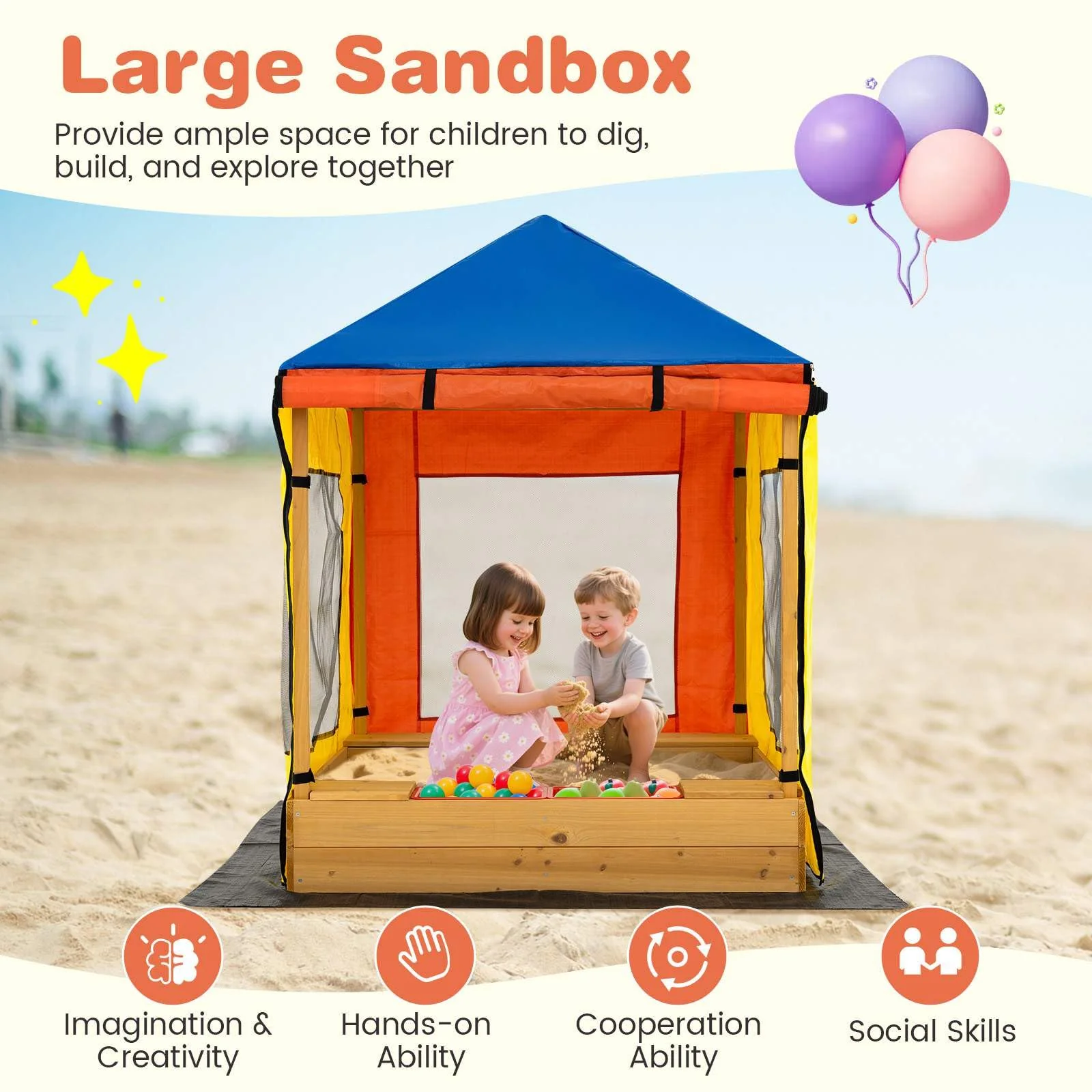 Kids Wooden Sandbox with Canopy, Outdoor Large Fir Wood Playhouse w/Bottom Liner - Image 6